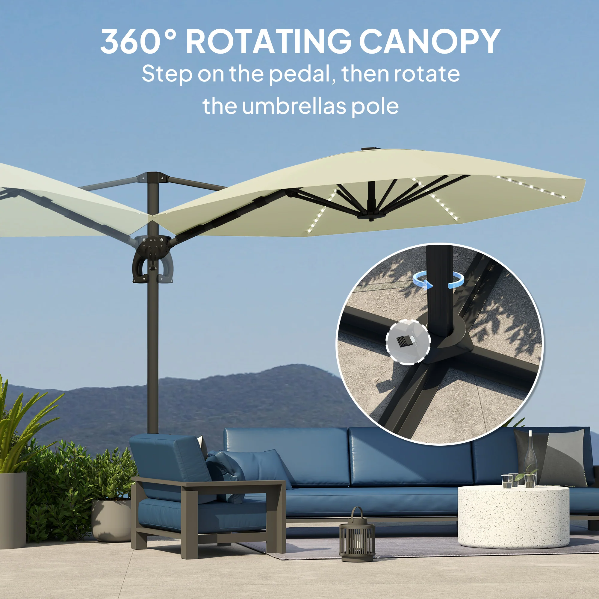 3m 360° Rotation Overhanging Parasol with Lights, Crank Handle & Cross Base, UPF 50+, Cream - Image 6