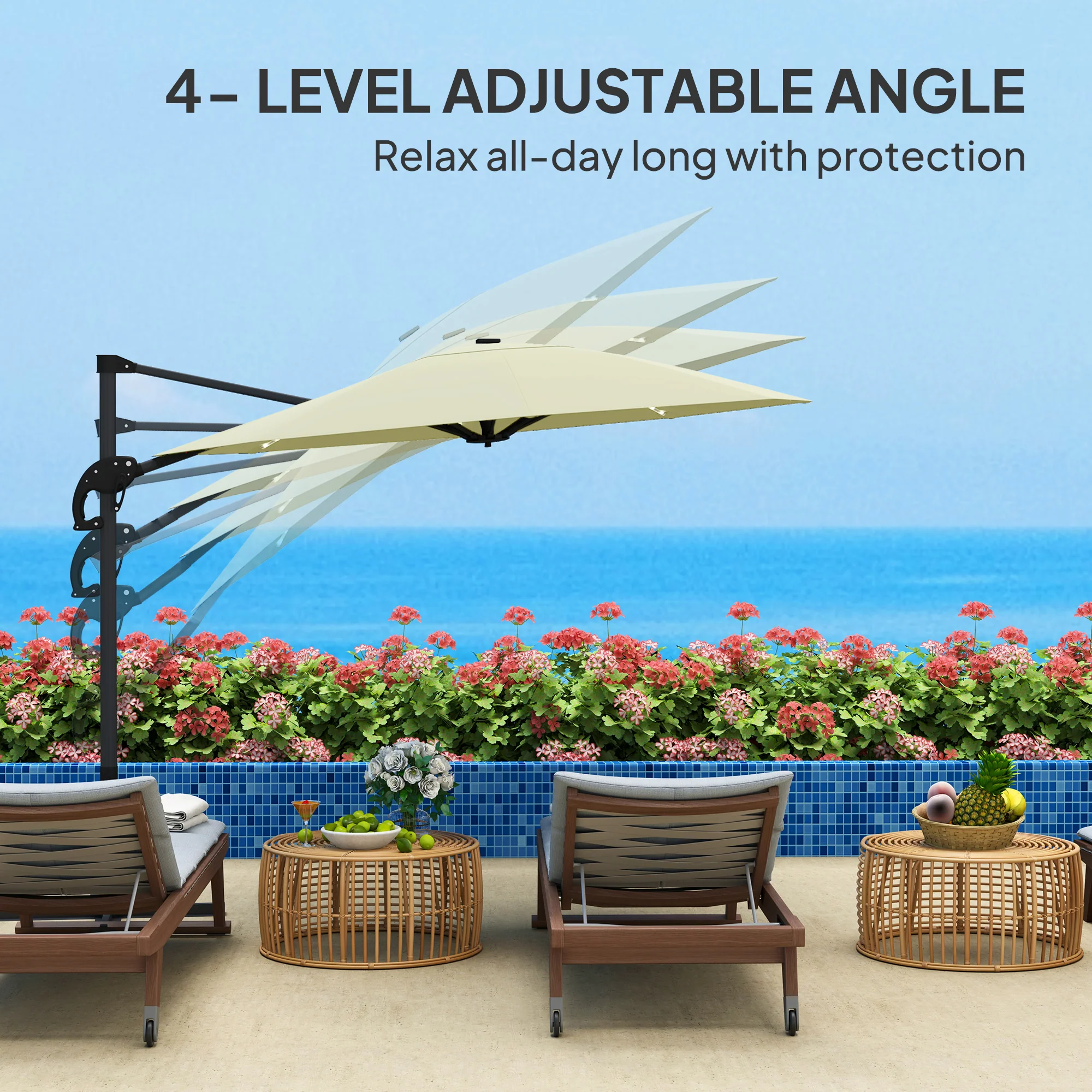 3m 360° Rotation Overhanging Parasol with Lights, Crank Handle & Cross Base, UPF 50+, Cream - Image 7