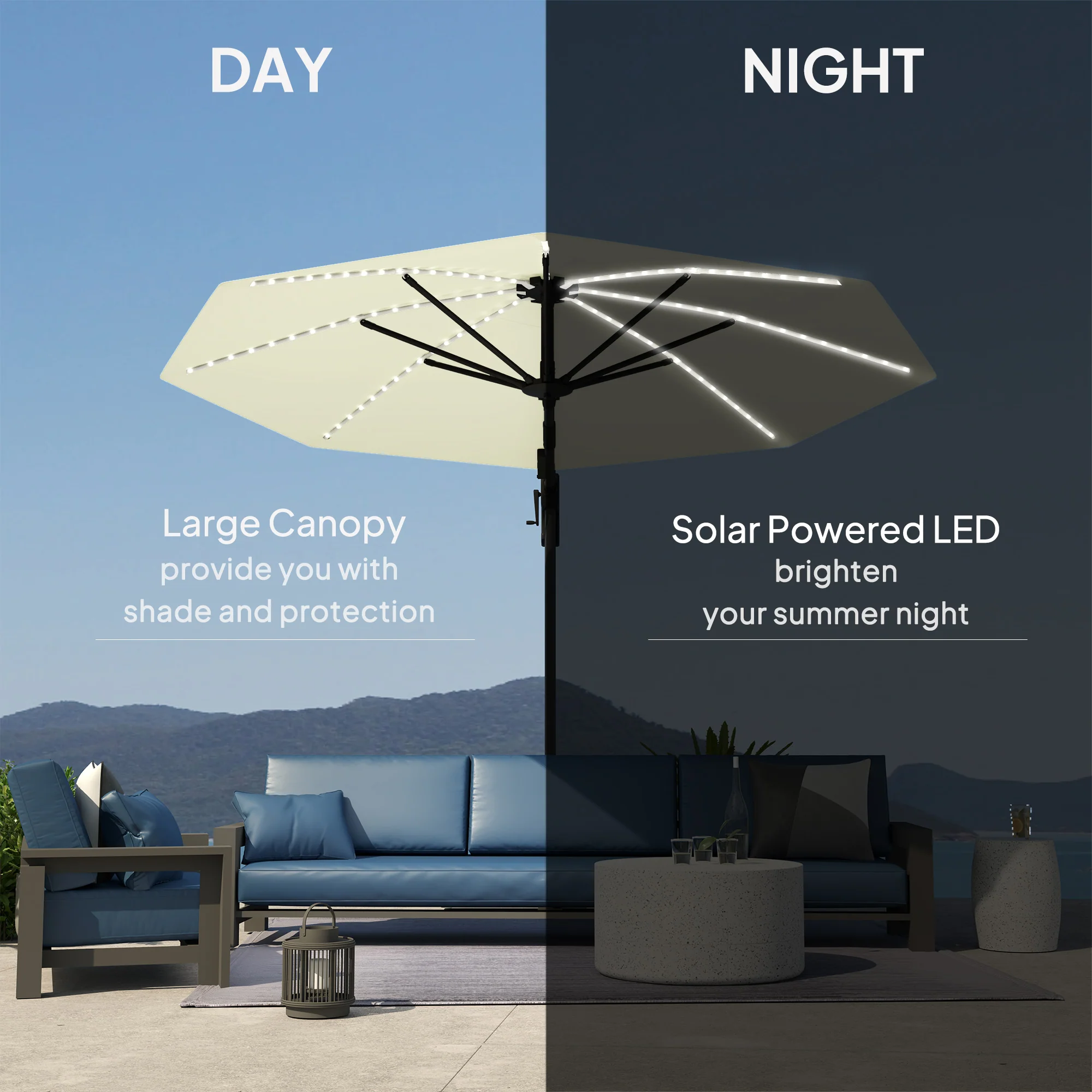 3m 360° Rotation Overhanging Parasol with Lights, Crank Handle & Cross Base, UPF 50+, Cream - Image 8