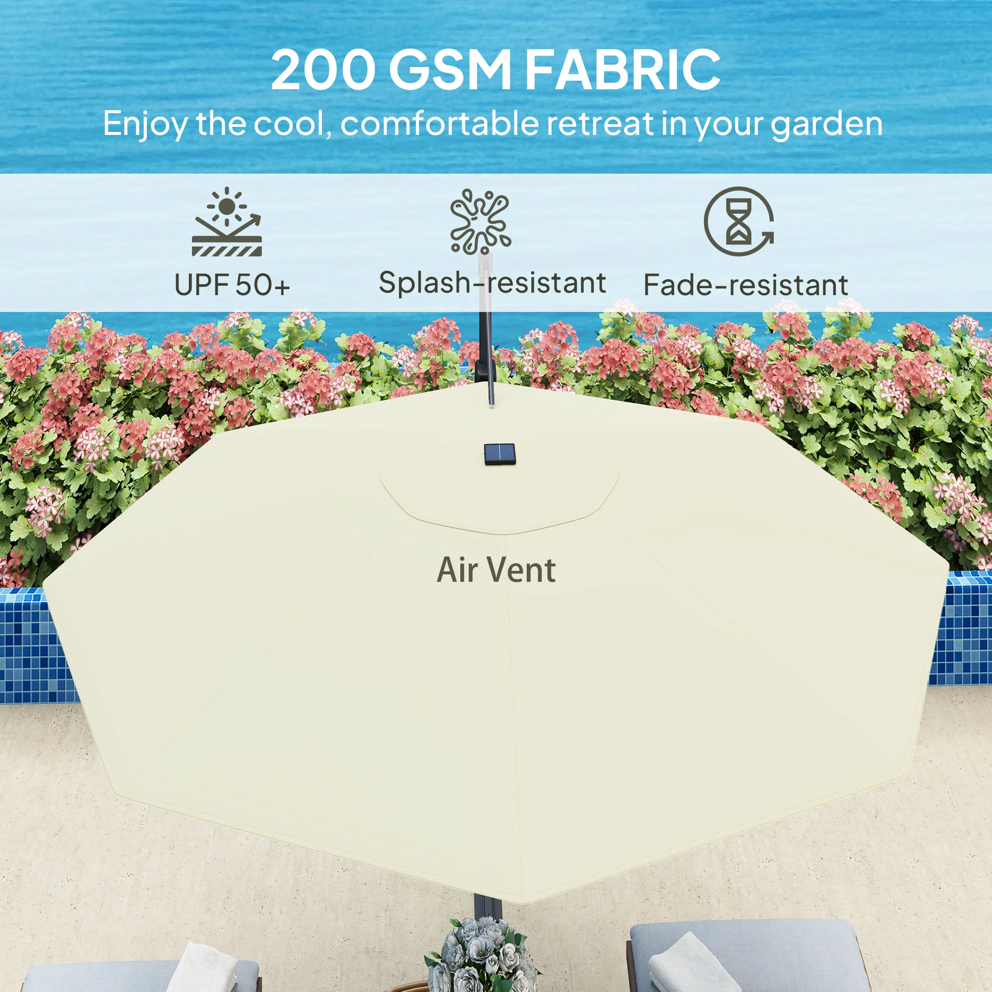 3m 360° Rotation Overhanging Parasol with Lights, Crank Handle & Cross Base, UPF 50+, Cream - Image 9