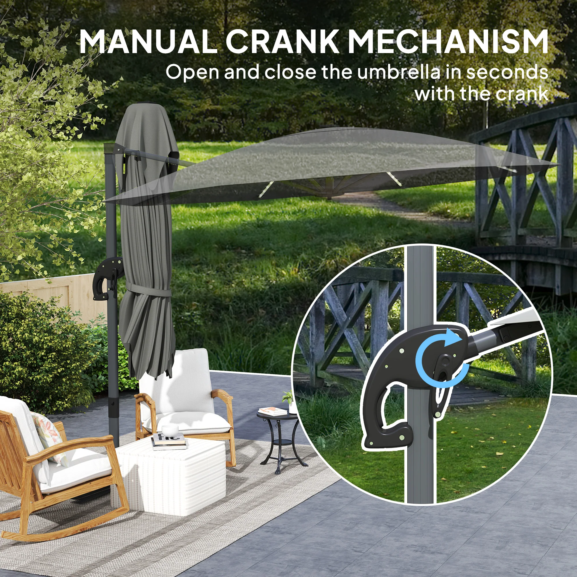 3m 360° Rotation Overhanging Parasol with Lights, Crank Handle & Cross Base, UPF 50+, Dark Grey - Image 10