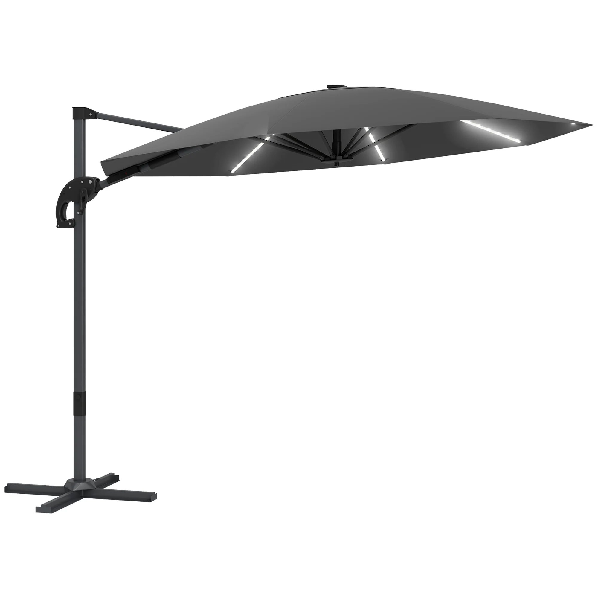 3m 360° Rotation Overhanging Parasol with Lights, Crank Handle & Cross Base, UPF 50+, Dark Grey - Image 12