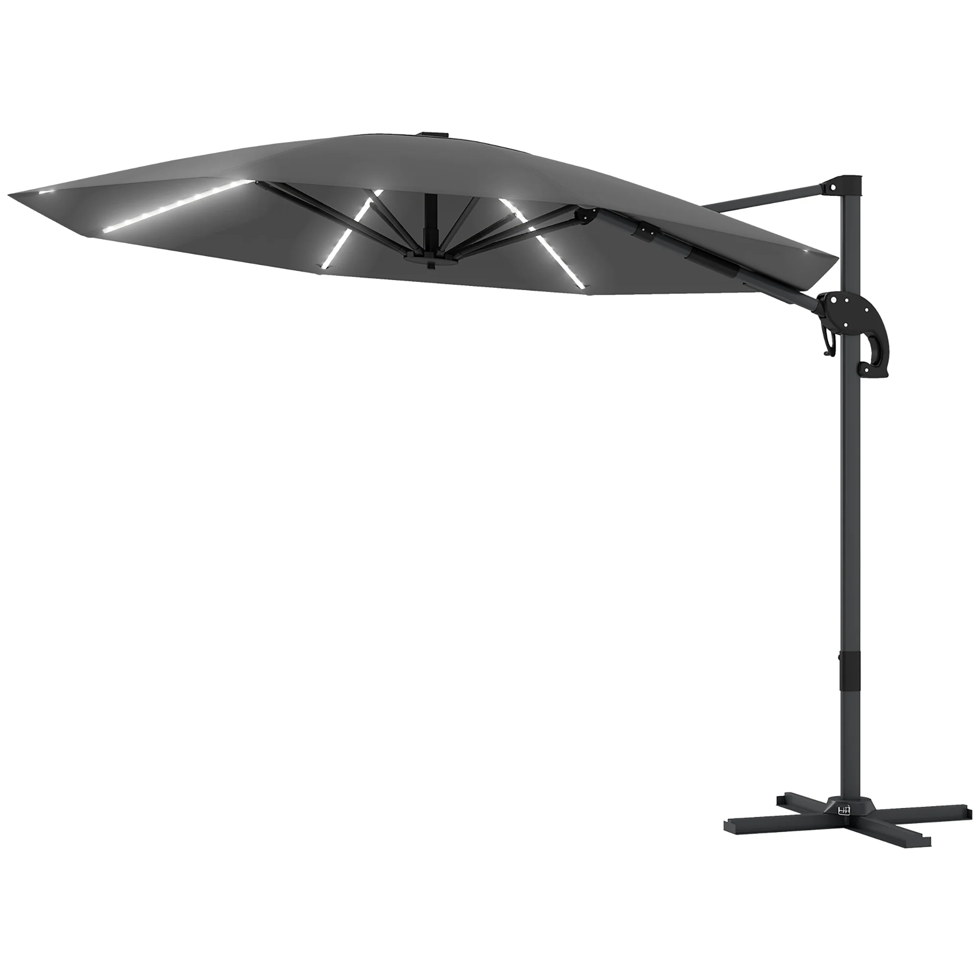 3m 360° Rotation Overhanging Parasol with Lights, Crank Handle & Cross Base, UPF 50+, Dark Grey - Image 2