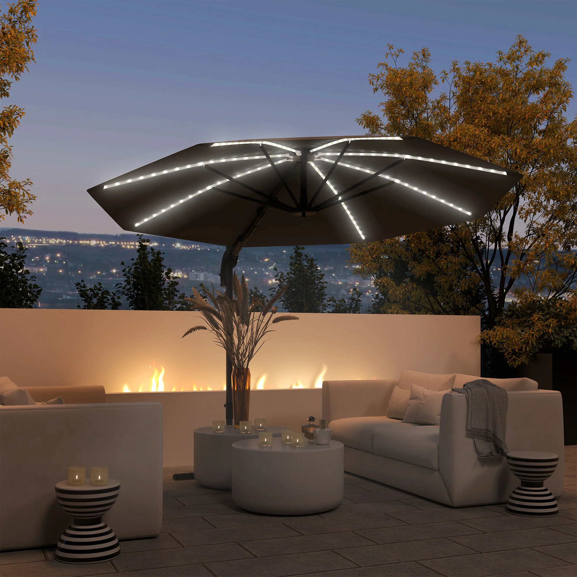 3m 360° Rotation Overhanging Parasol with Lights, Crank Handle & Cross Base, UPF 50+, Dark Grey - Image 3