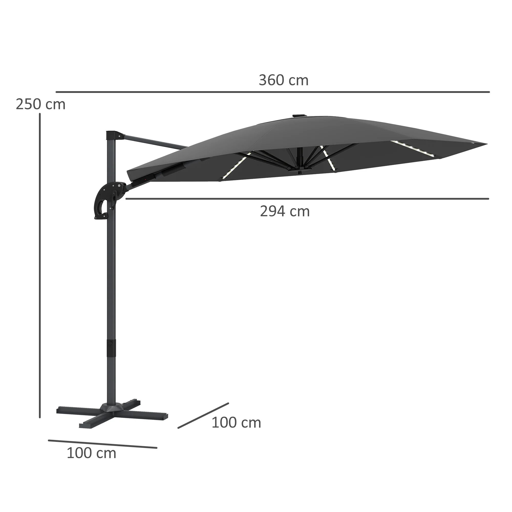 3m 360° Rotation Overhanging Parasol with Lights, Crank Handle & Cross Base, UPF 50+, Dark Grey - Image 5