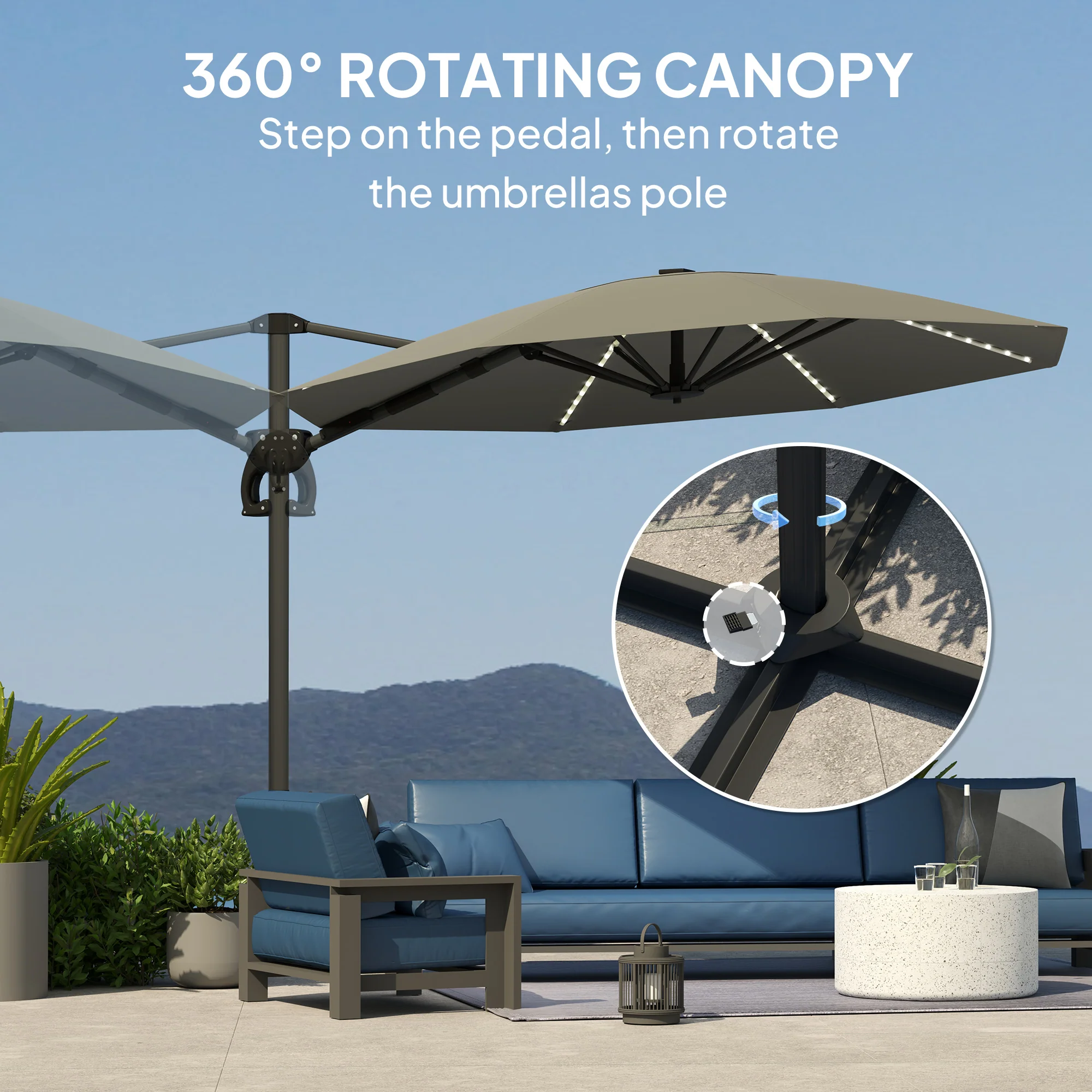 3m 360° Rotation Overhanging Parasol with Lights, Crank Handle & Cross Base, UPF 50+, Dark Grey - Image 6
