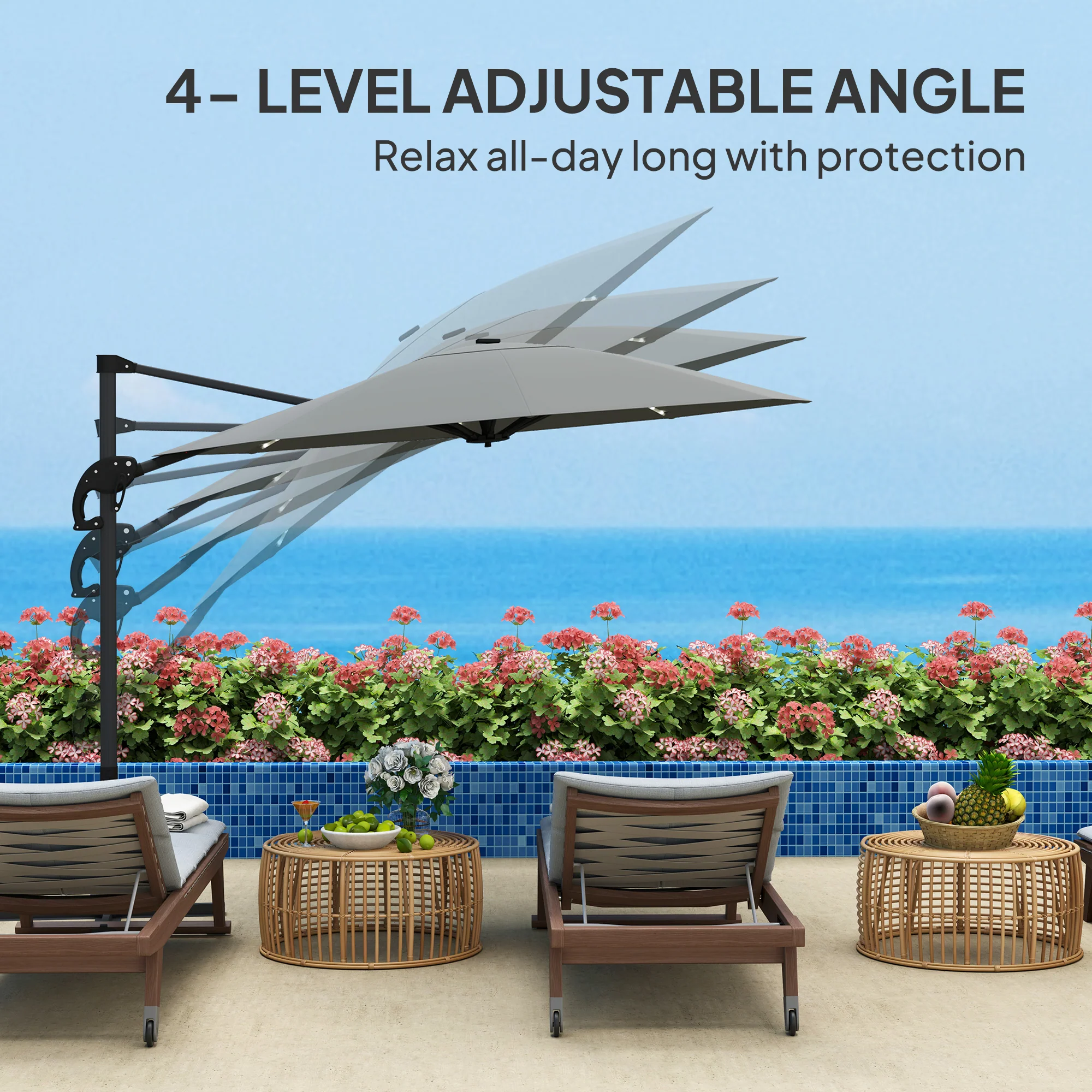 3m 360° Rotation Overhanging Parasol with Lights, Crank Handle & Cross Base, UPF 50+, Dark Grey - Image 7