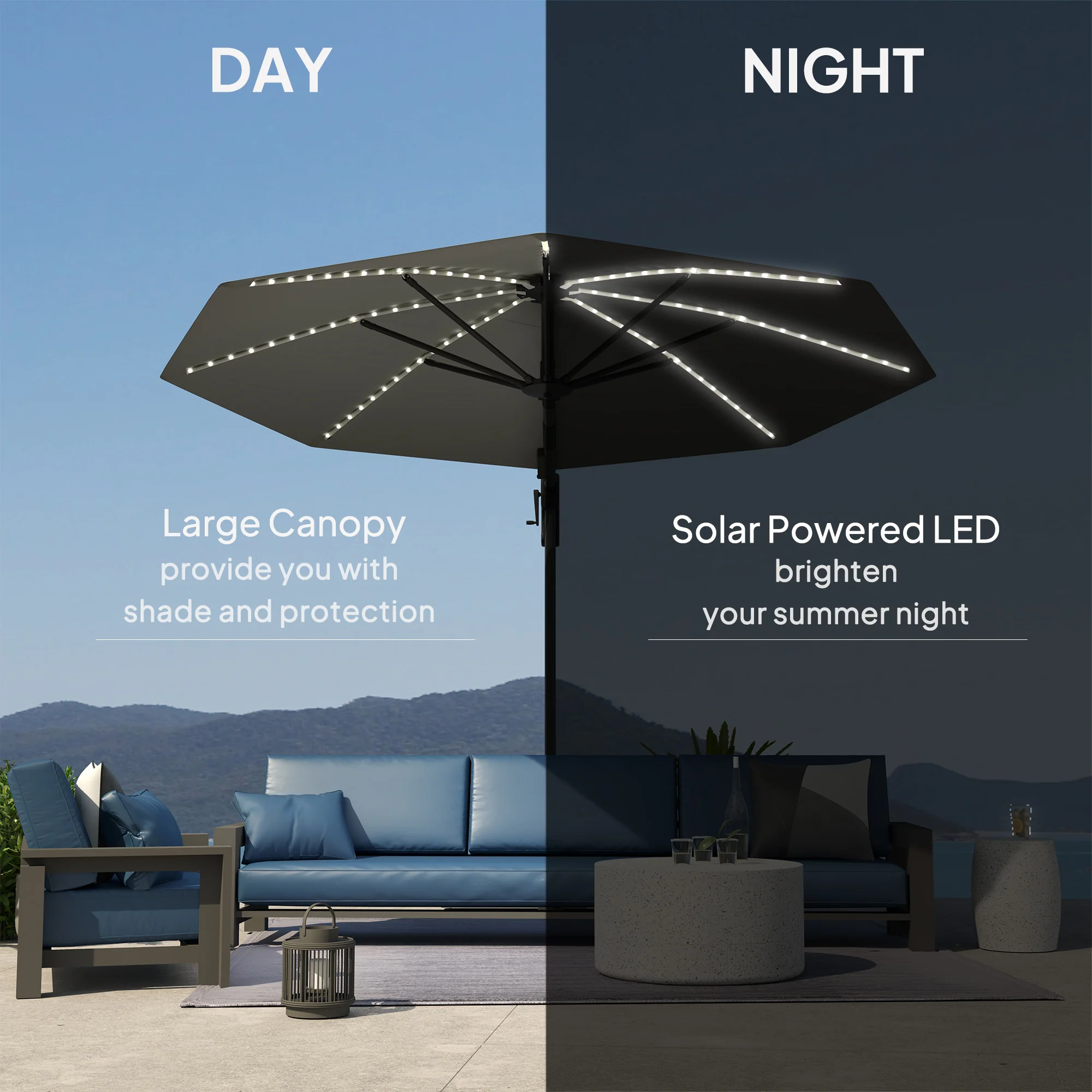 3m 360° Rotation Overhanging Parasol with Lights, Crank Handle & Cross Base, UPF 50+, Dark Grey - Image 8