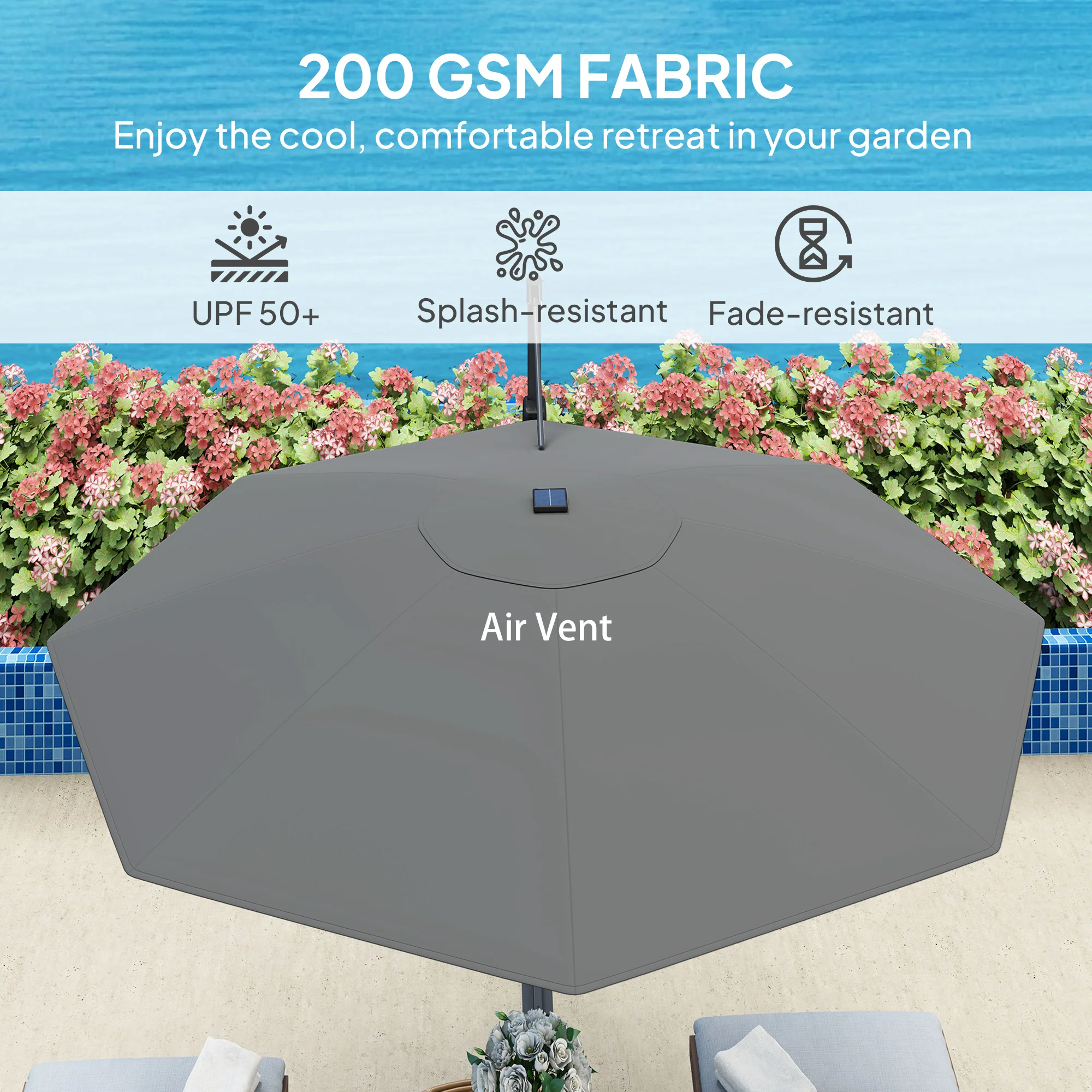 3m 360° Rotation Overhanging Parasol with Lights, Crank Handle & Cross Base, UPF 50+, Dark Grey - Image 9