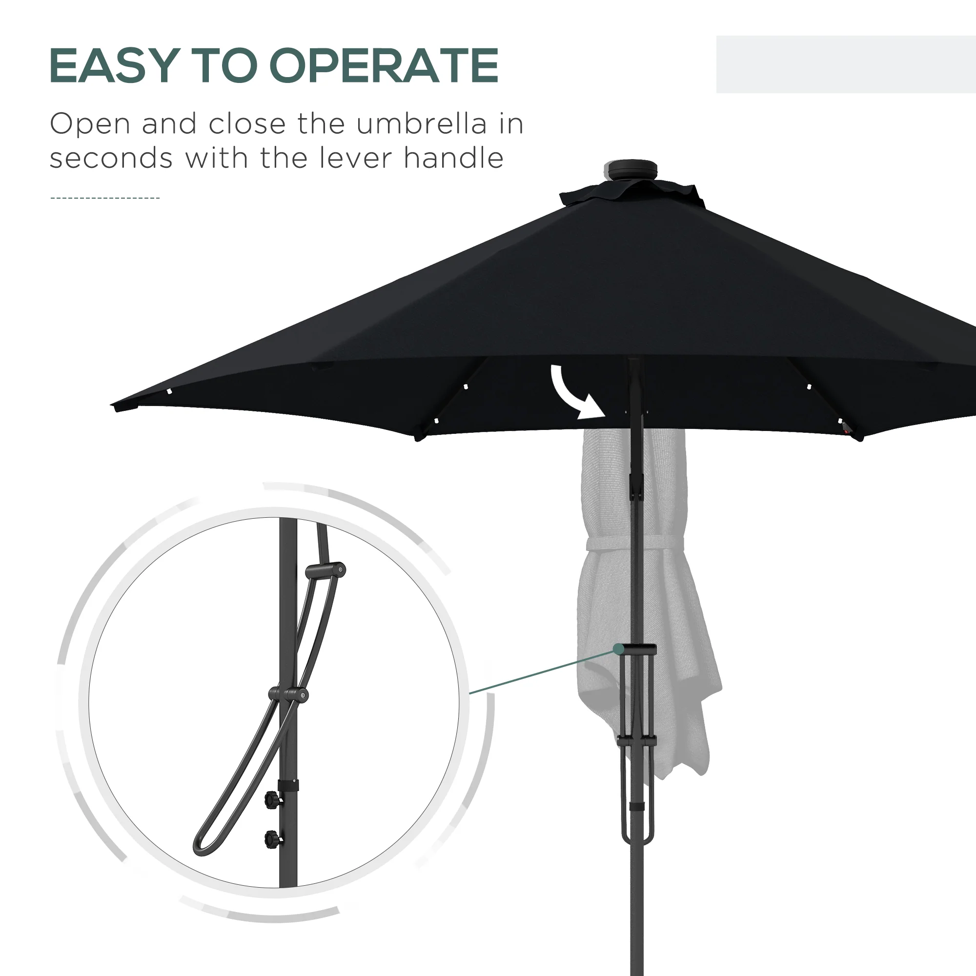 3m LED Parasol Umbrella, Garden Parasol with Cross Base & Steel Pole, Black - Image 6