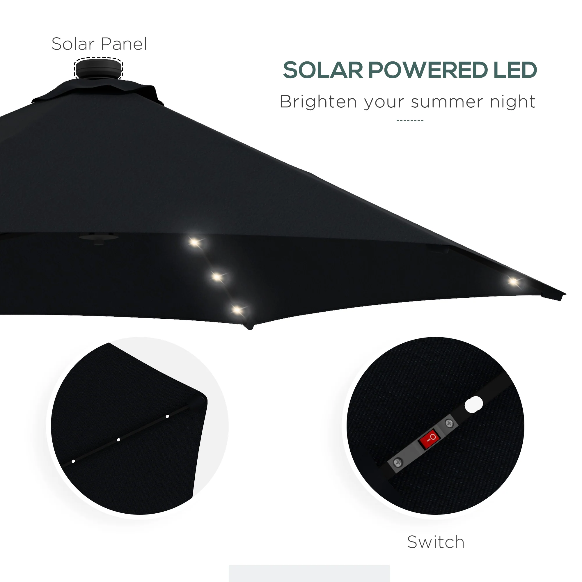 3m LED Parasol Umbrella, Garden Parasol with Cross Base & Steel Pole, Black - Image 7