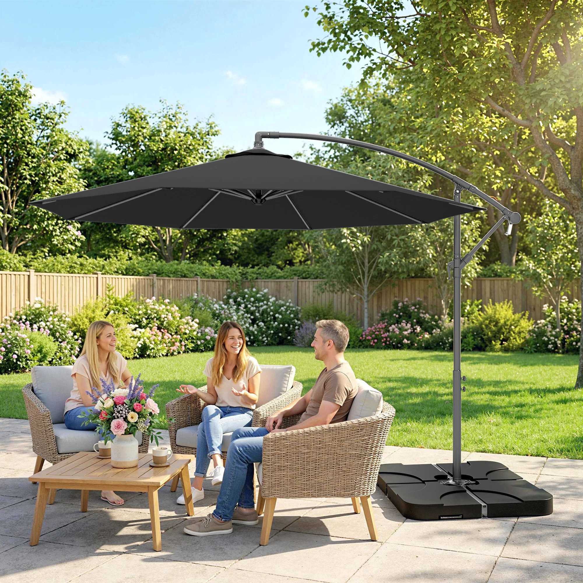 3 m Cantilever Parasol with Weights, Cover & Cross Base, Black - Image 11