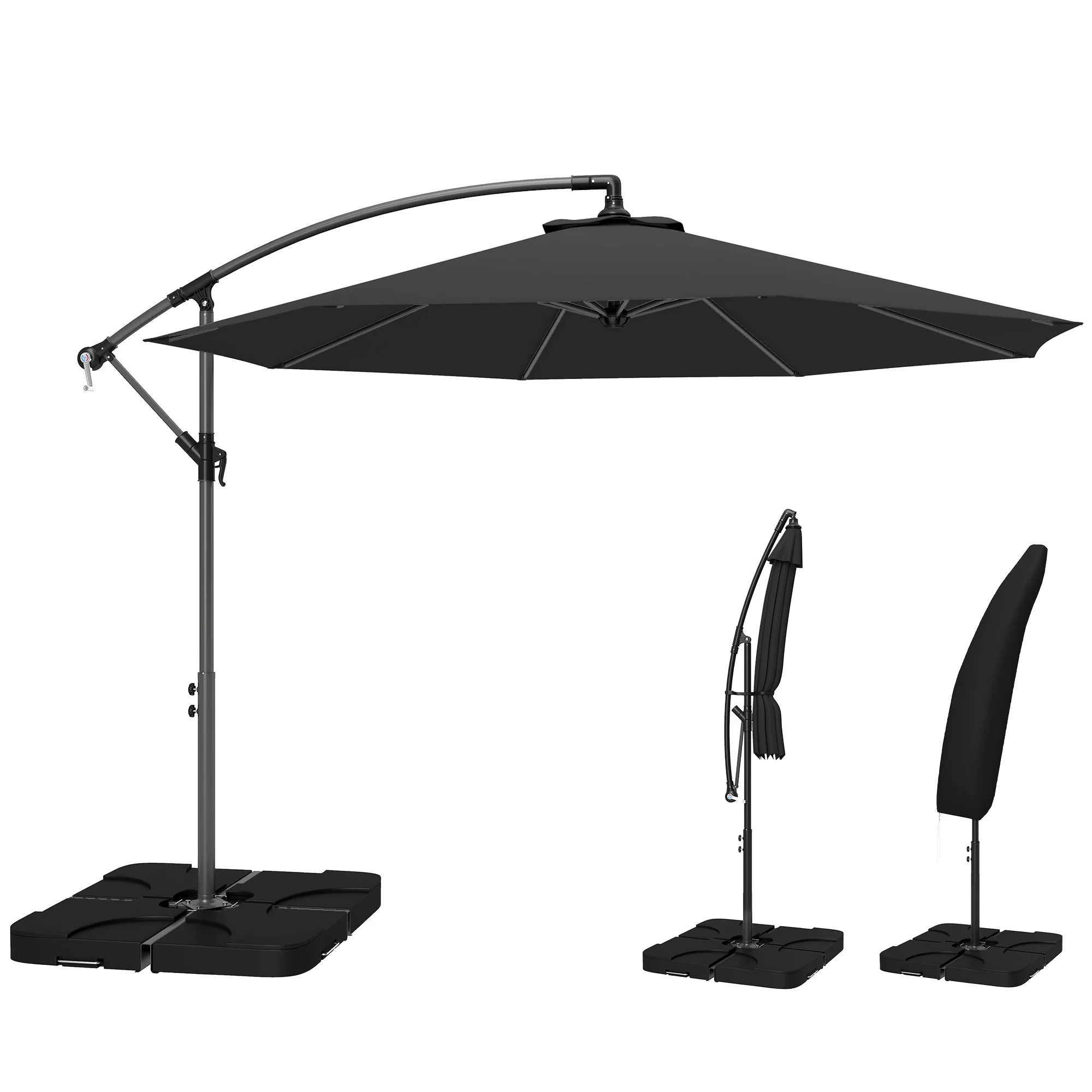 3 m Cantilever Parasol with Weights, Cover & Cross Base, Black - Image 2