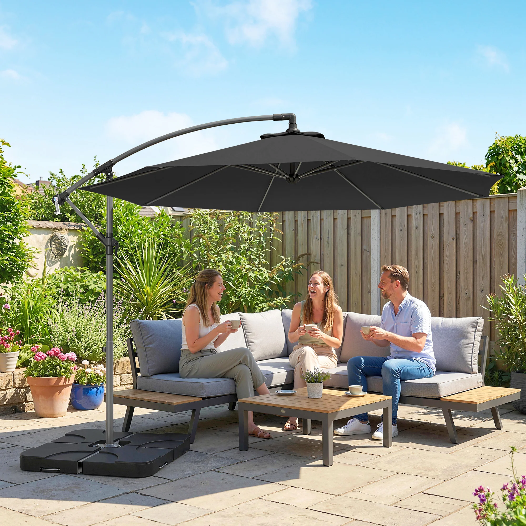 3 m Cantilever Parasol with Weights, Cover & Cross Base, Black - Image 3