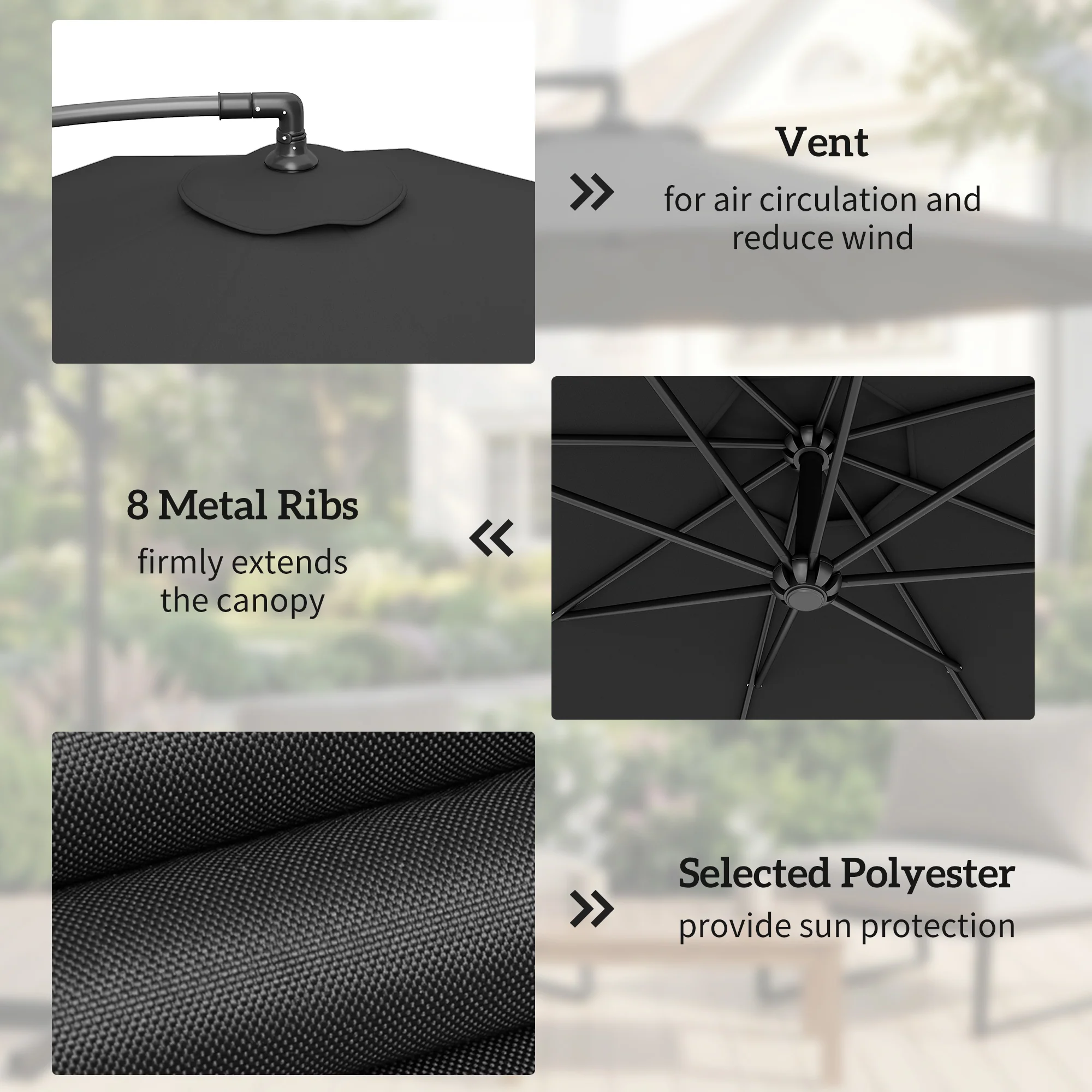 3 m Cantilever Parasol with Weights, Cover & Cross Base, Black - Image 8