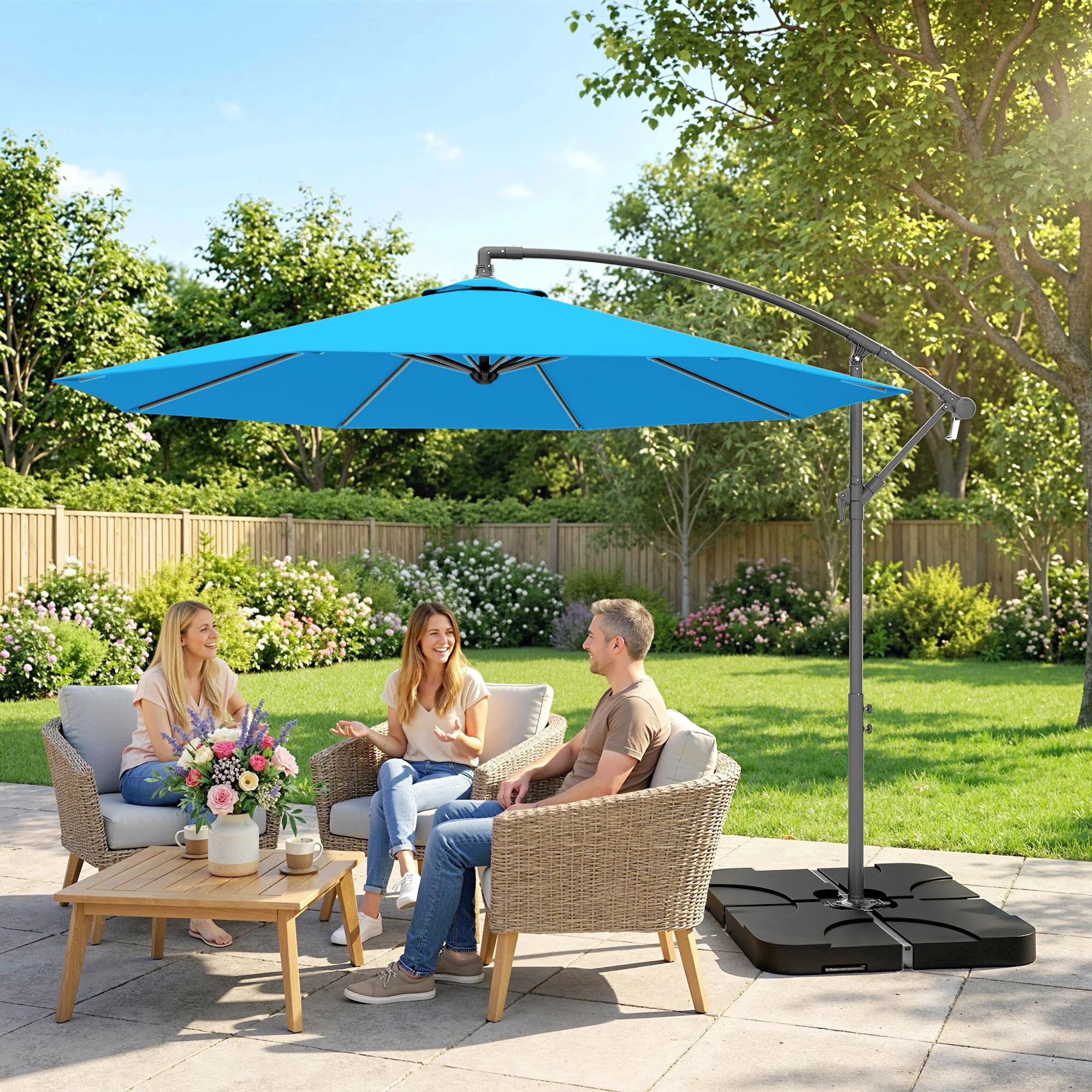 3 m Cantilever Parasol with Weights, Cover & Cross Base, Blue - Image 11