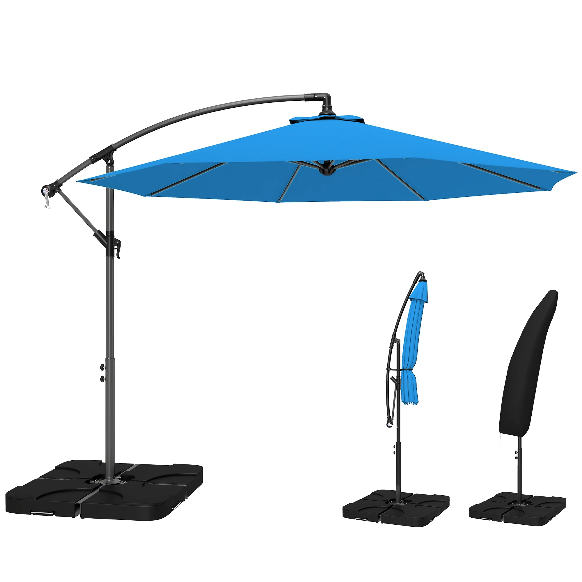 3 m Cantilever Parasol with Weights, Cover & Cross Base, Blue - Image 2
