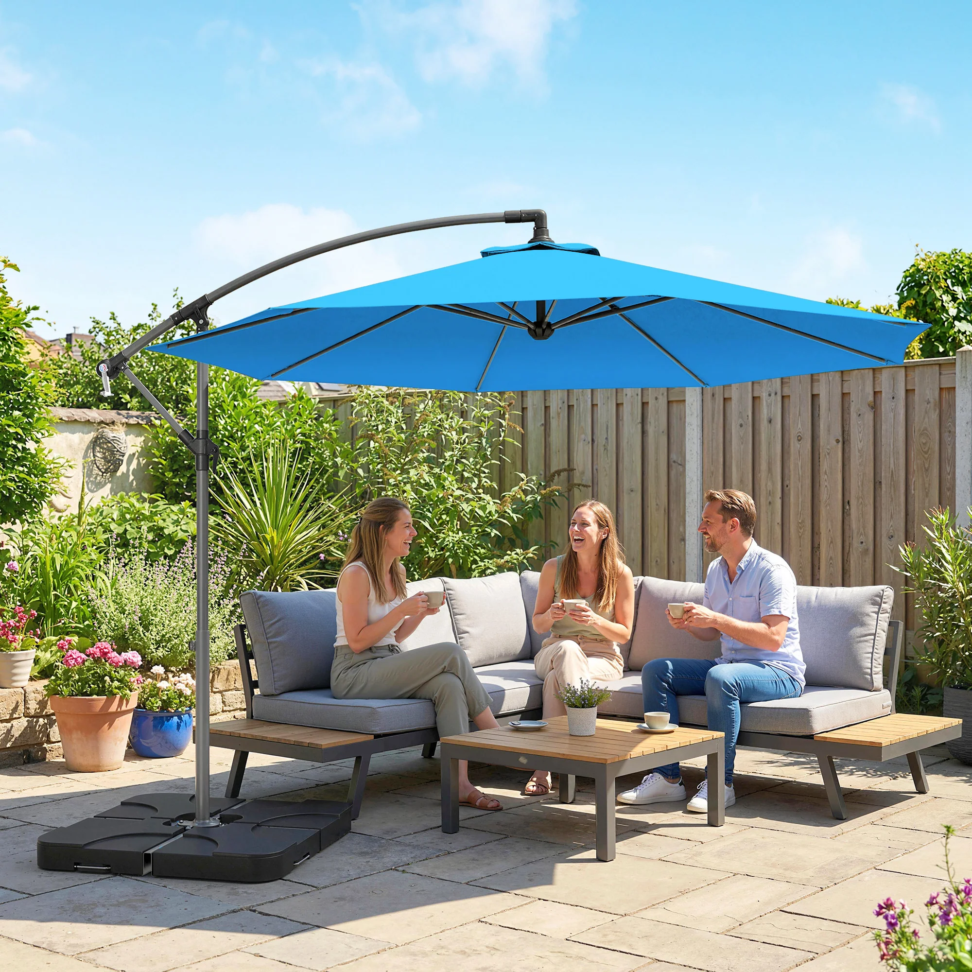 3 m Cantilever Parasol with Weights, Cover & Cross Base, Blue - Image 3