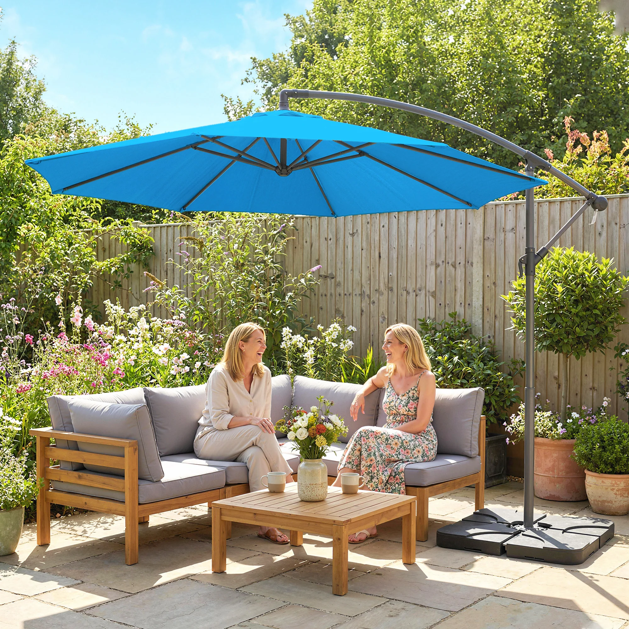 3 m Cantilever Parasol with Weights, Cover & Cross Base, Blue - Image 4