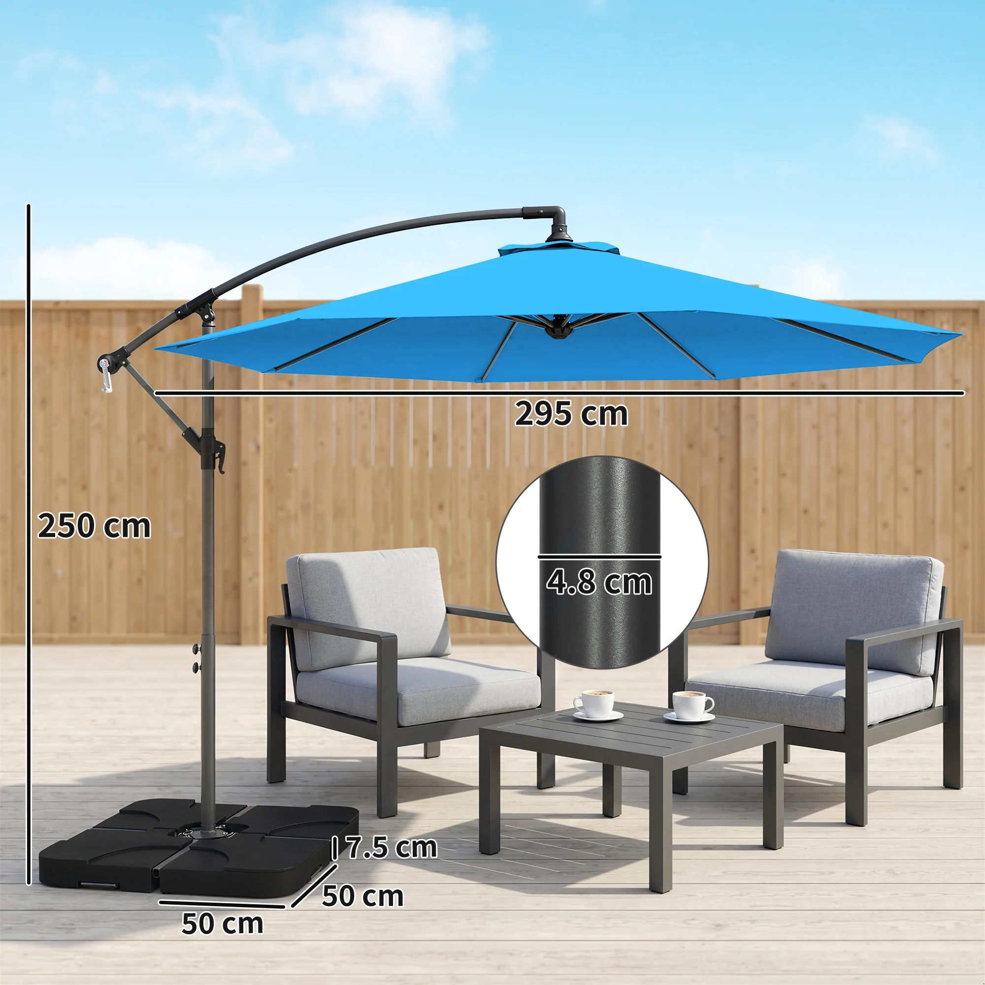 3 m Cantilever Parasol with Weights, Cover & Cross Base, Blue - Image 5