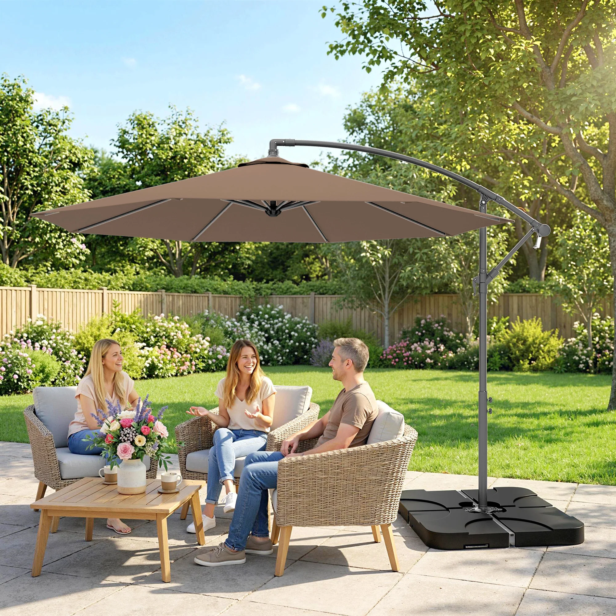 3 m Cantilever Parasol with Weights, Cover & Cross Base, Coffee - Image 11