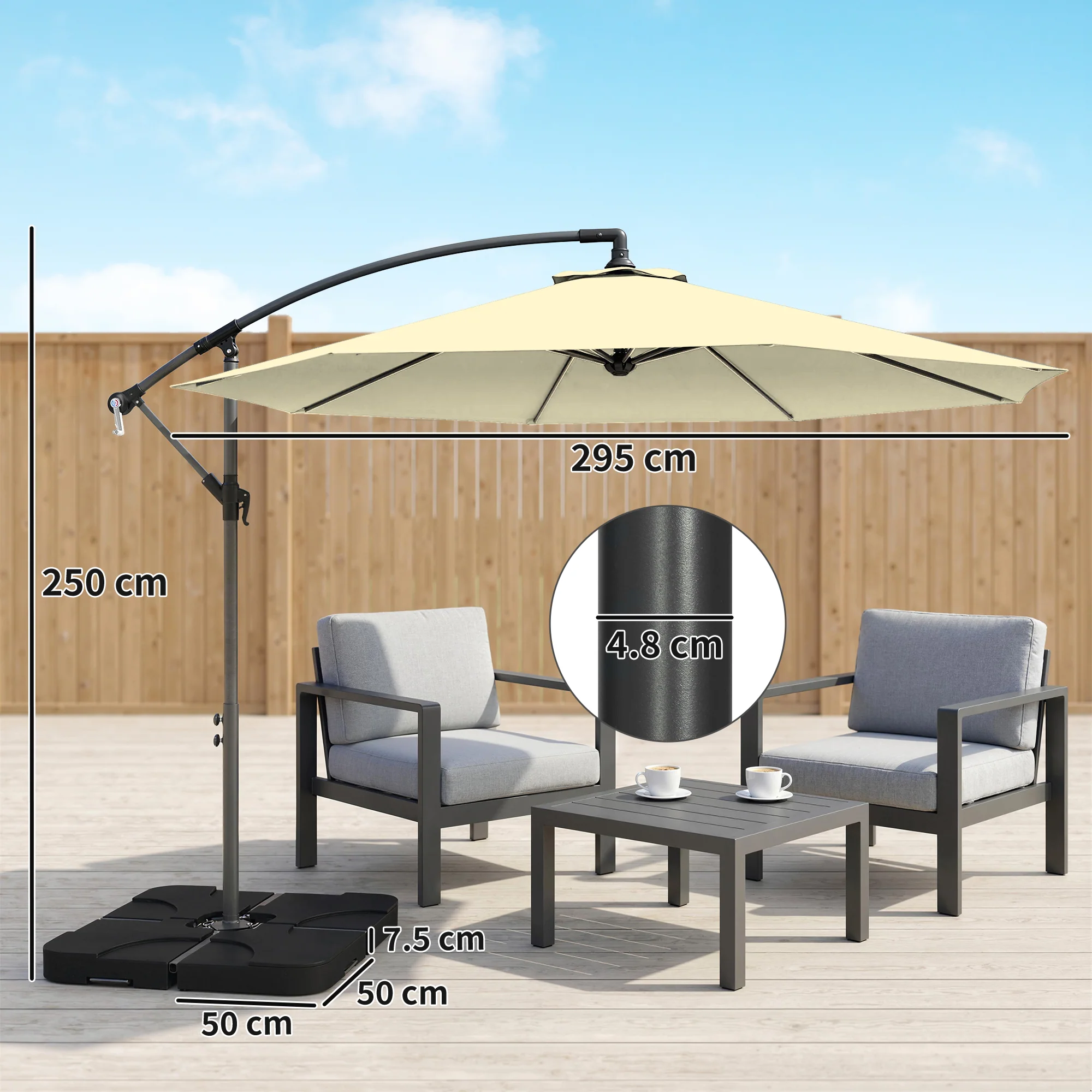 3 m Cantilever Parasol with Weights, Cover & Cross Base, Sand - Image 5