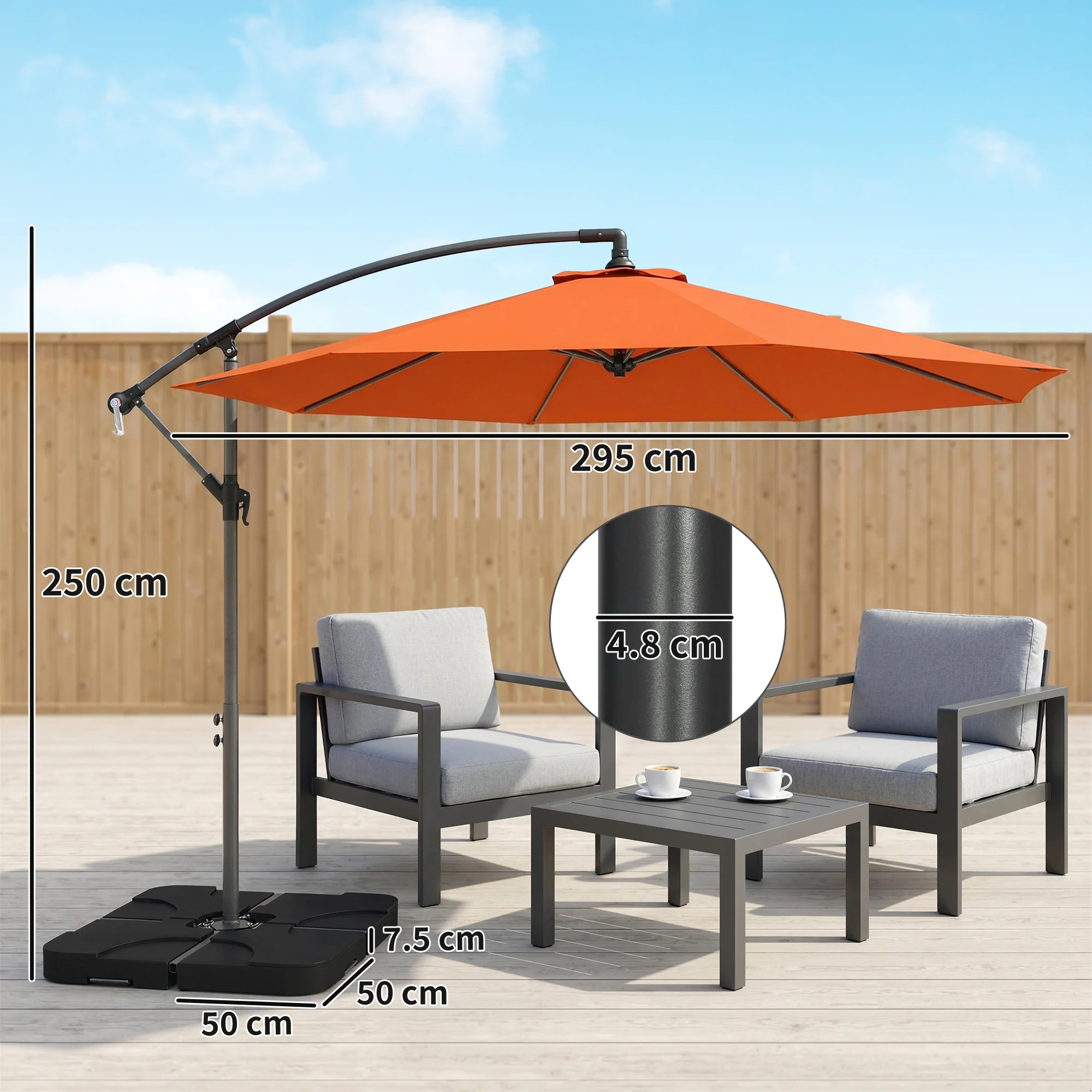 3 m Cantilever Parasol with Weights, Cover & Cross Base, Orange - Image 5