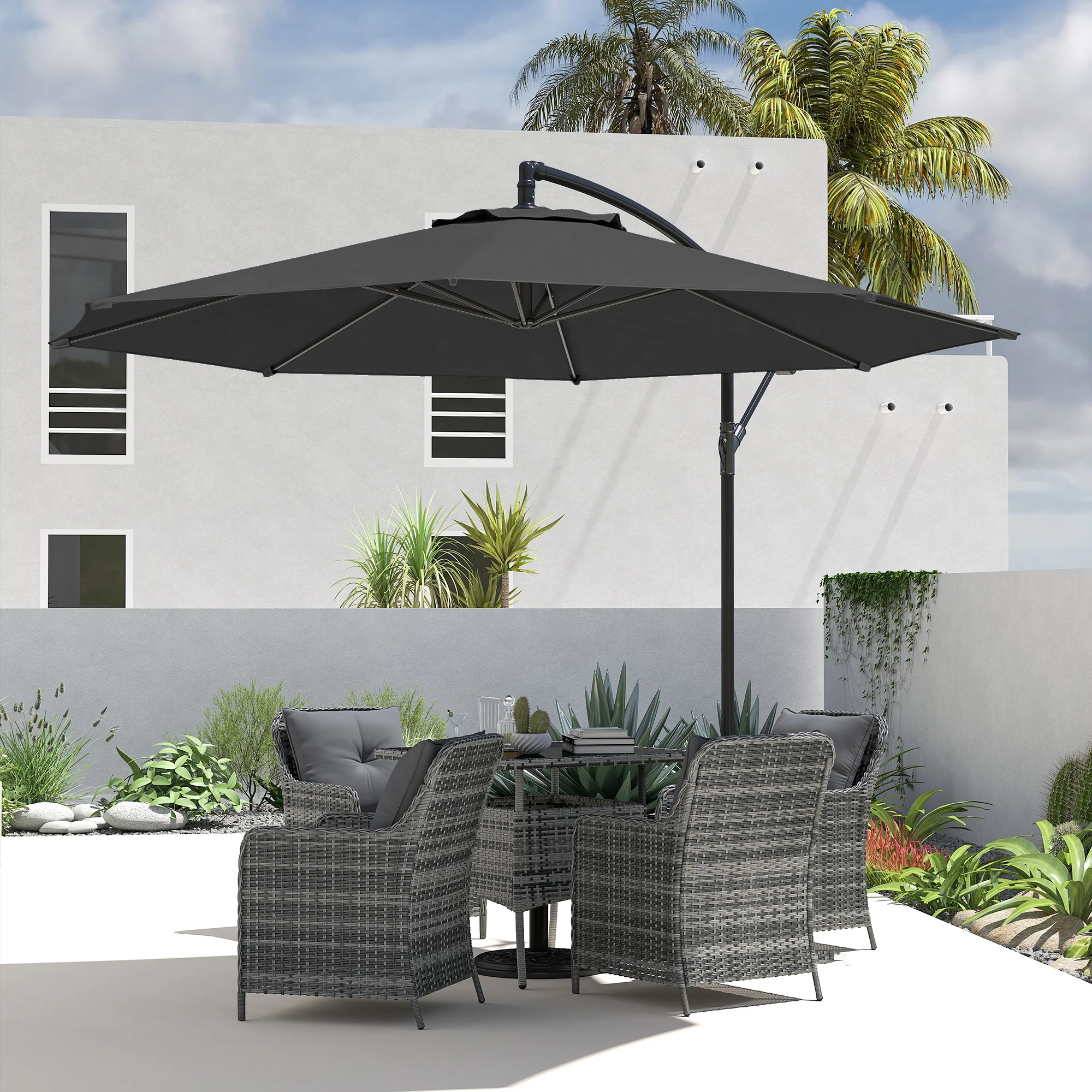 3 m Banana Parasol with Crank Handle, 8 Ribs & Cross Base, Black - Image 11