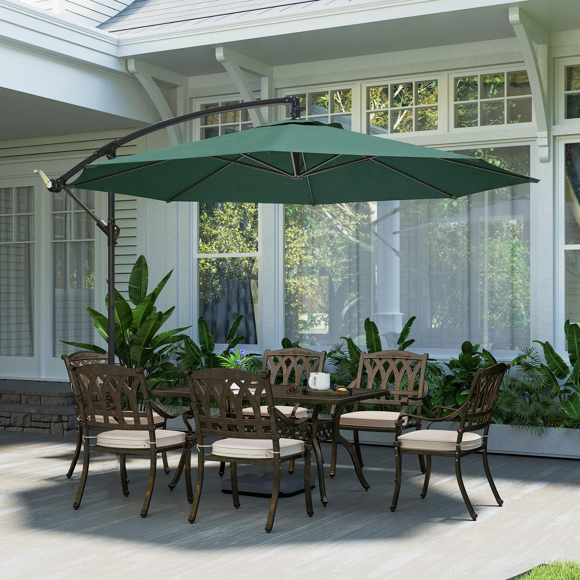 3 m Banana Parasol with Crank Handle, 8 Ribs & Cross Base, Dark Green - Image 10