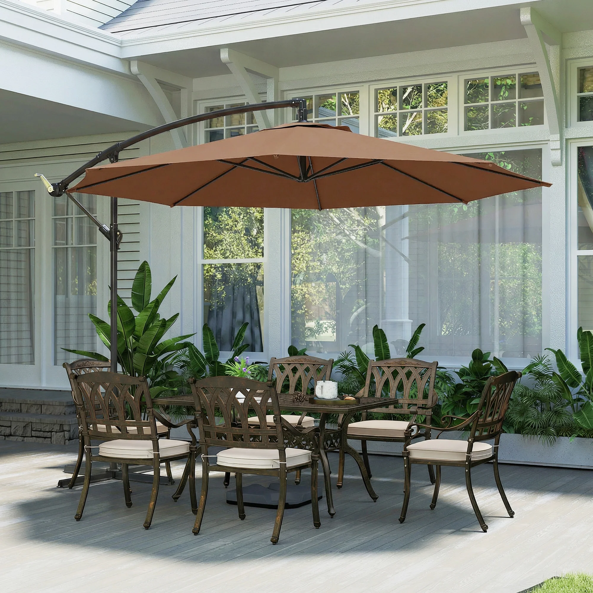 3 m Banana Parasol with Crank Handle, 8 Ribs & Cross Base, Coffee - Image 10