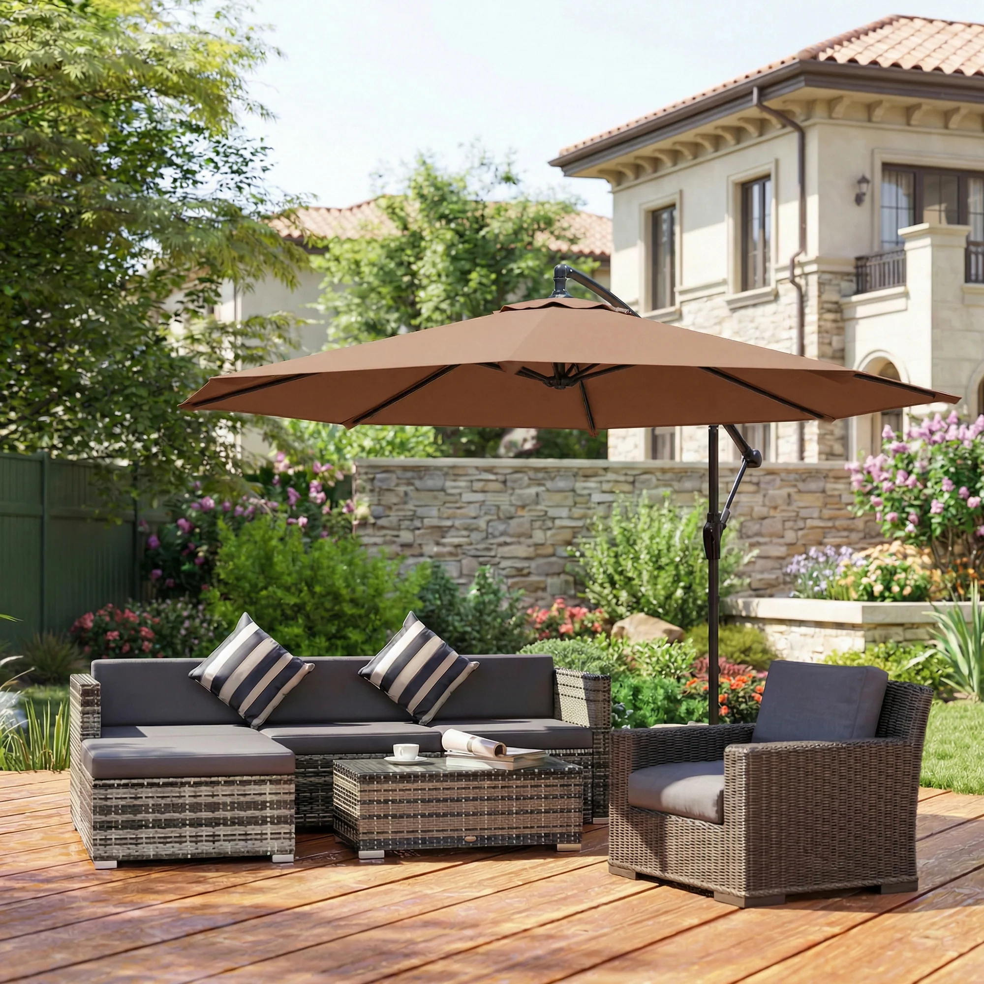 3 m Banana Parasol with Crank Handle, 8 Ribs & Cross Base, Coffee - Image 11