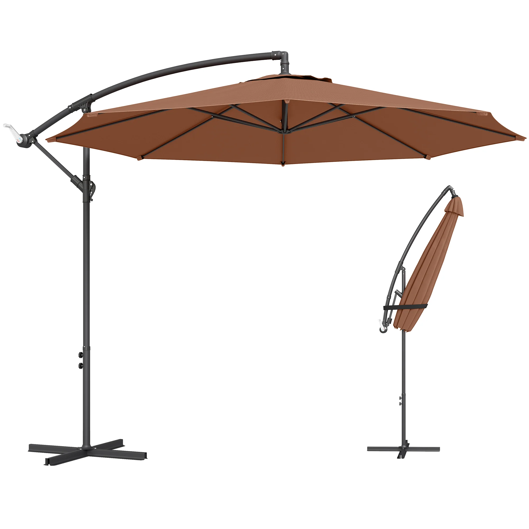 3 m Banana Parasol with Crank Handle, 8 Ribs & Cross Base, Coffee - Image 2