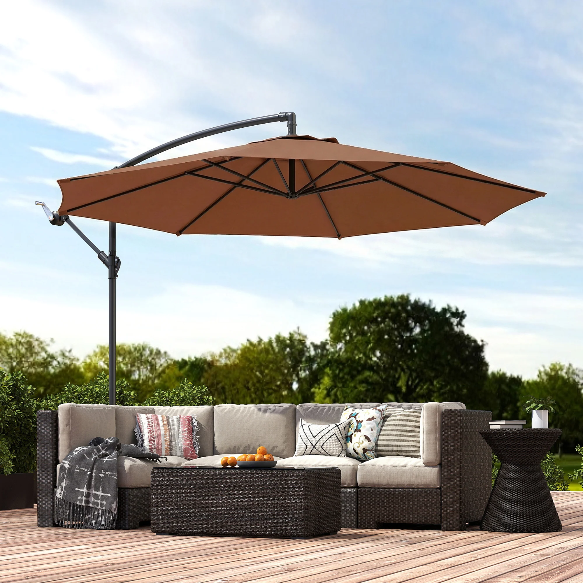 3 m Banana Parasol with Crank Handle, 8 Ribs & Cross Base, Coffee - Image 3