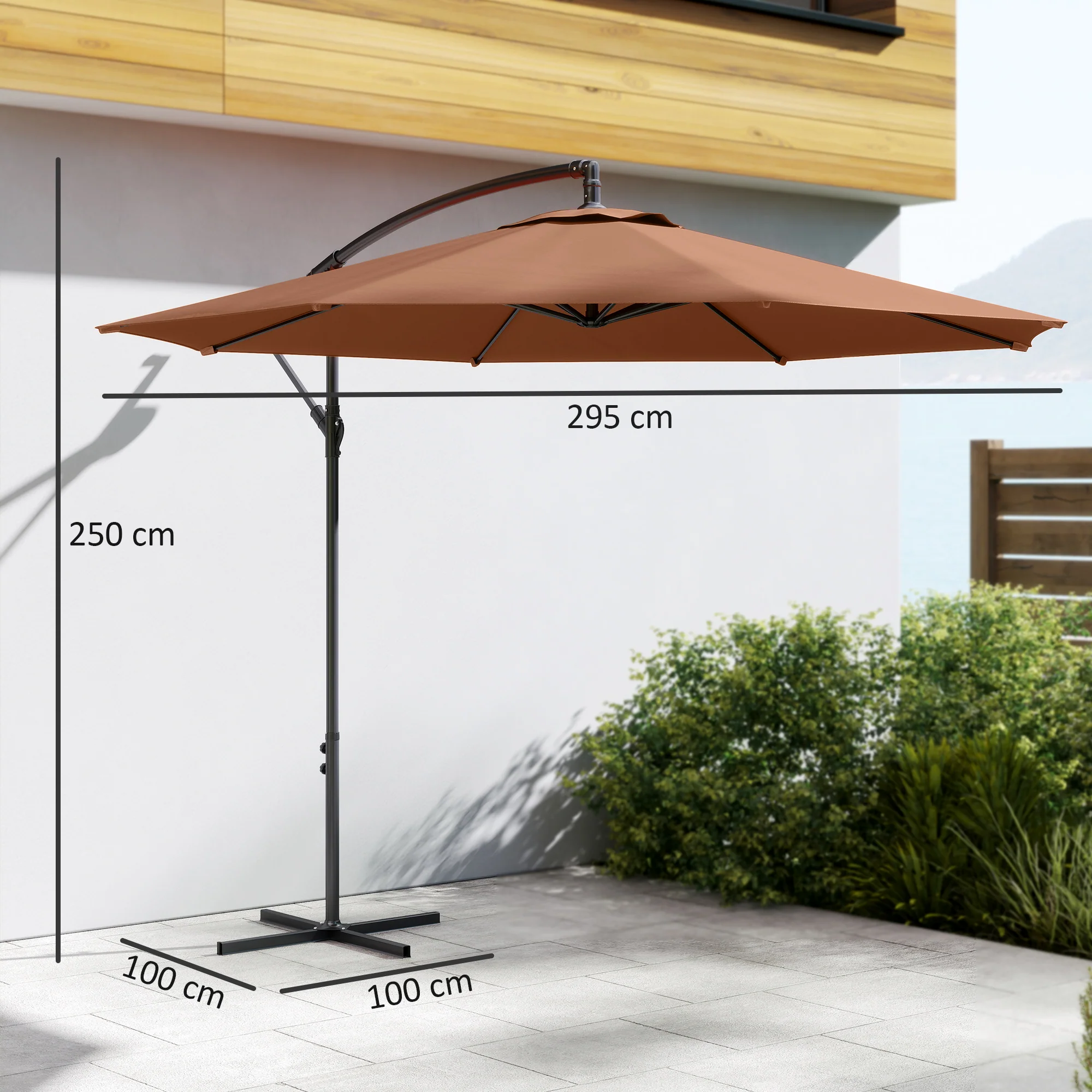 3 m Banana Parasol with Crank Handle, 8 Ribs & Cross Base, Coffee - Image 5