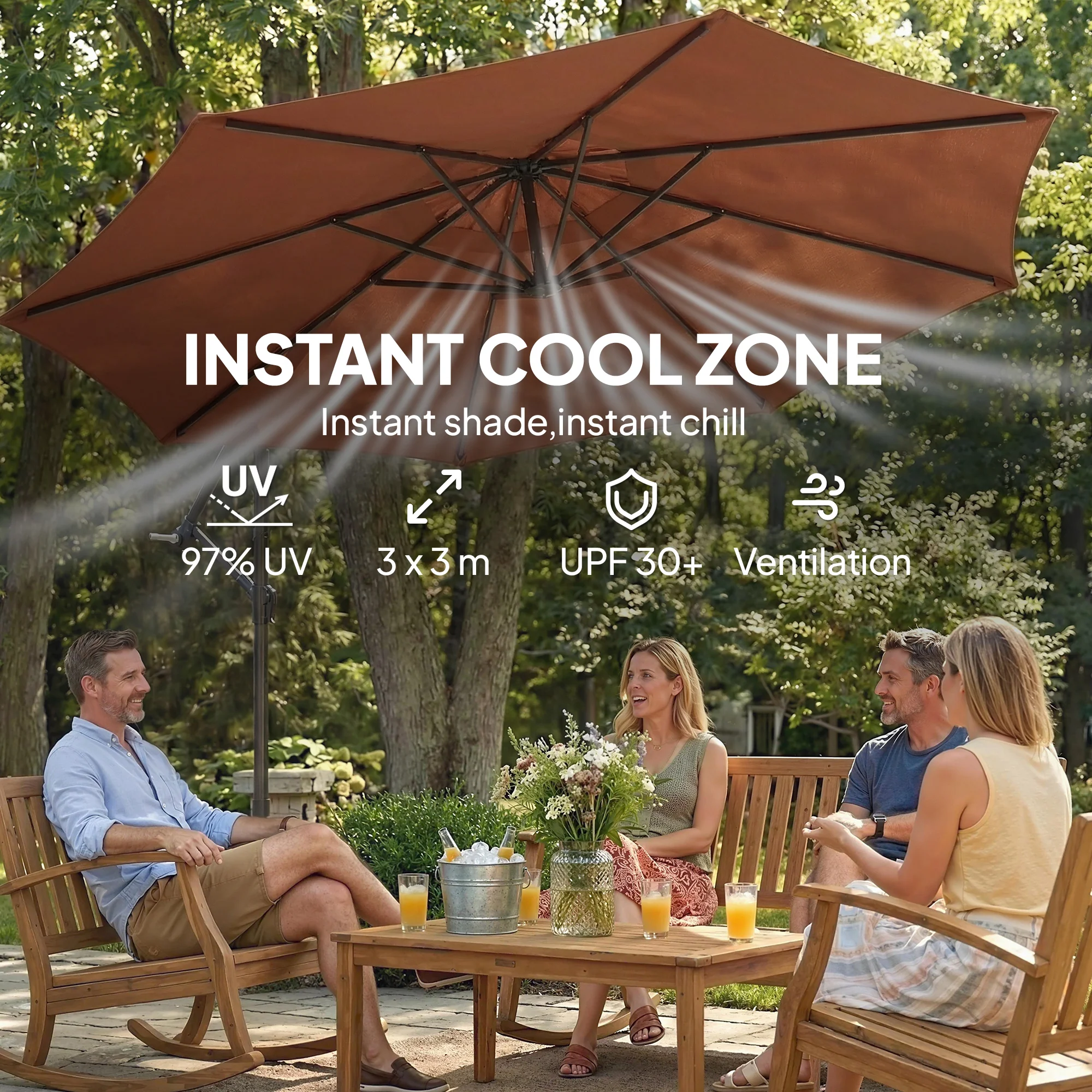 3 m Banana Parasol with Crank Handle, 8 Ribs & Cross Base, Coffee - Image 6