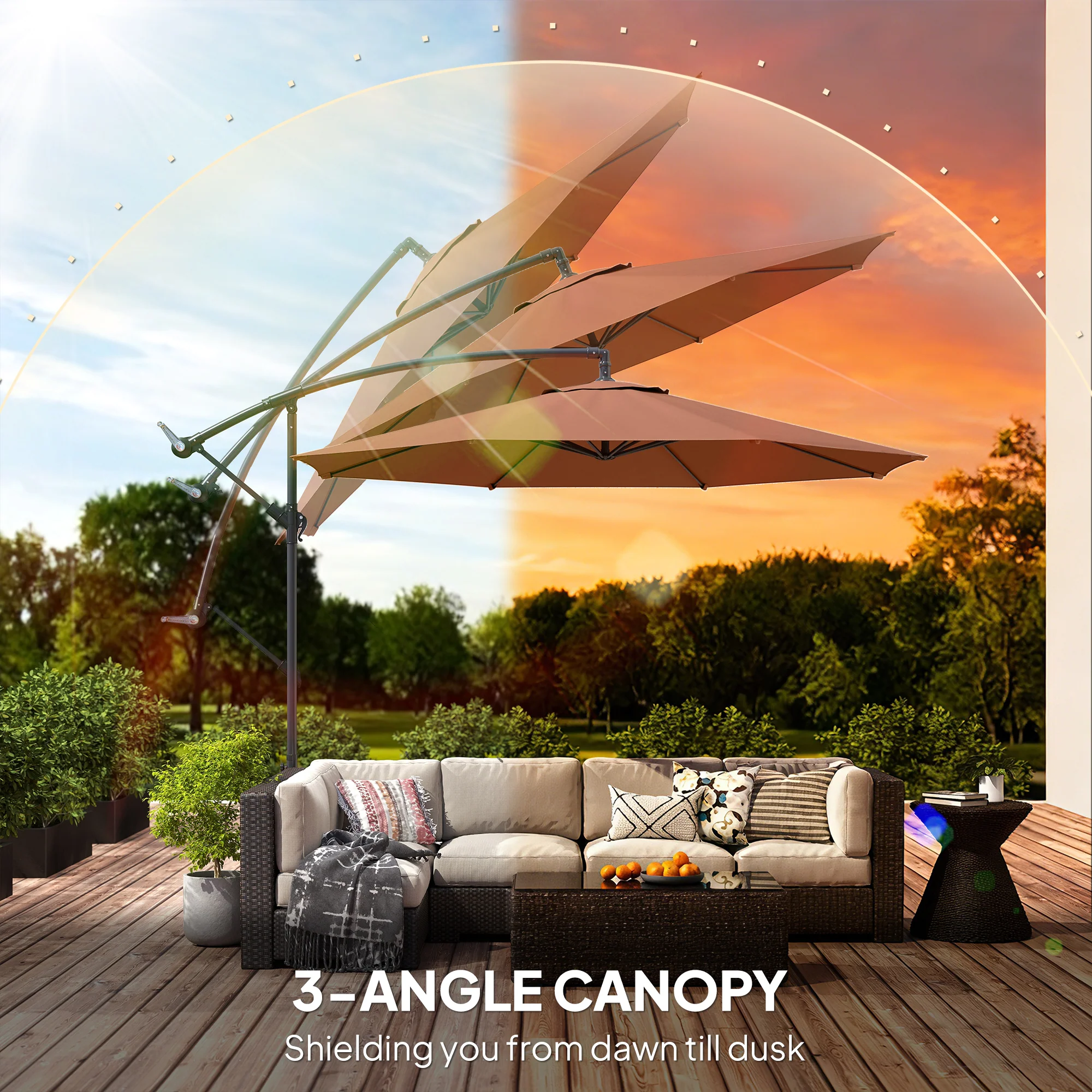3 m Banana Parasol with Crank Handle, 8 Ribs & Cross Base, Coffee - Image 8