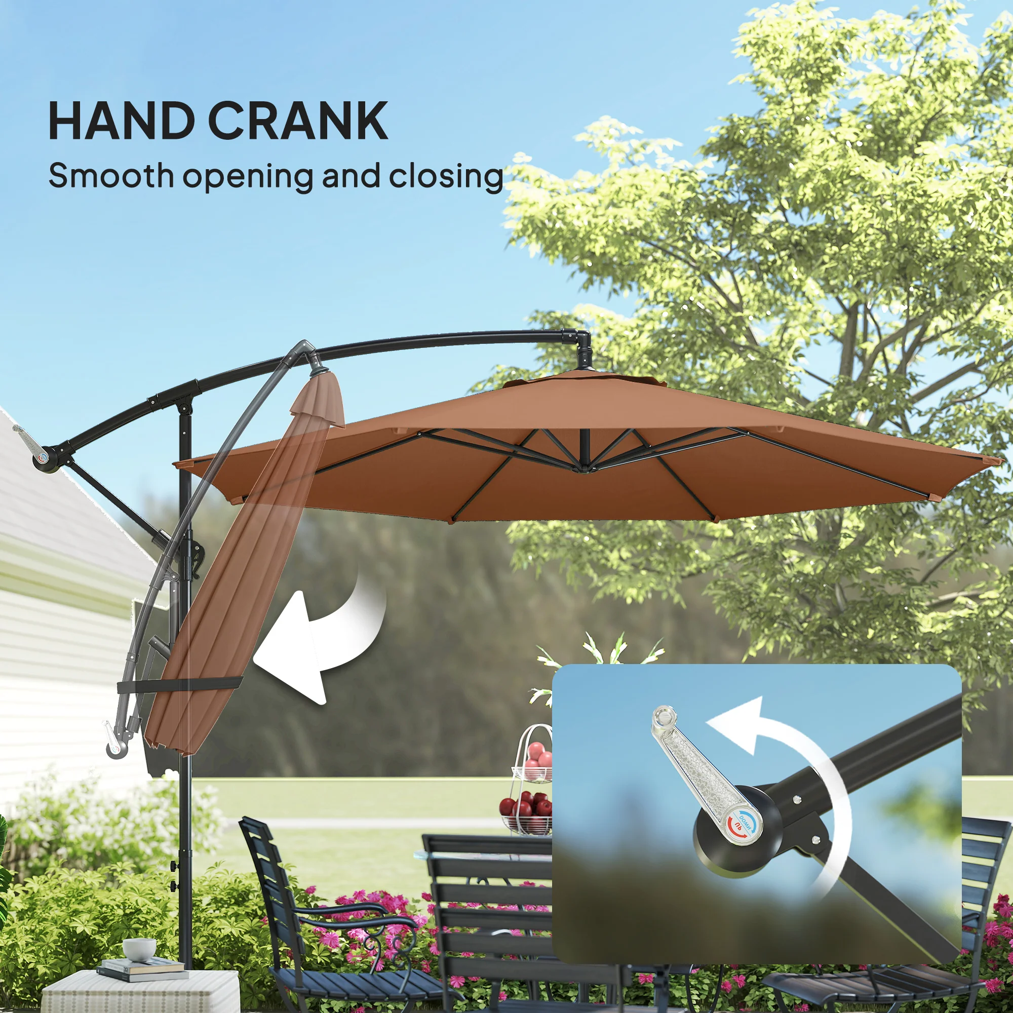 3 m Banana Parasol with Crank Handle, 8 Ribs & Cross Base, Coffee - Image 9