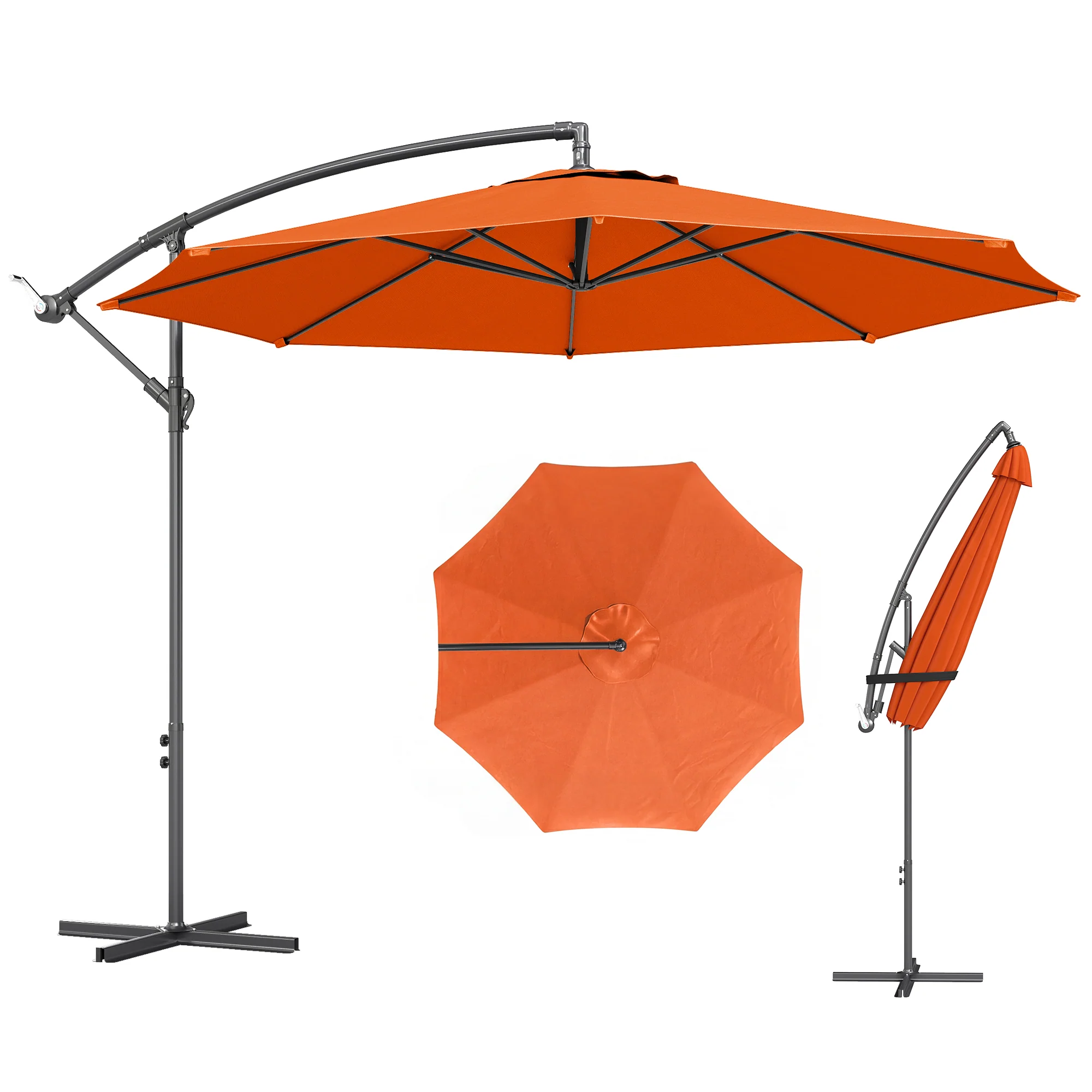 3 m Banana Parasol with Crank Handle, 8 Ribs & Cross Base, Orange - Image 2