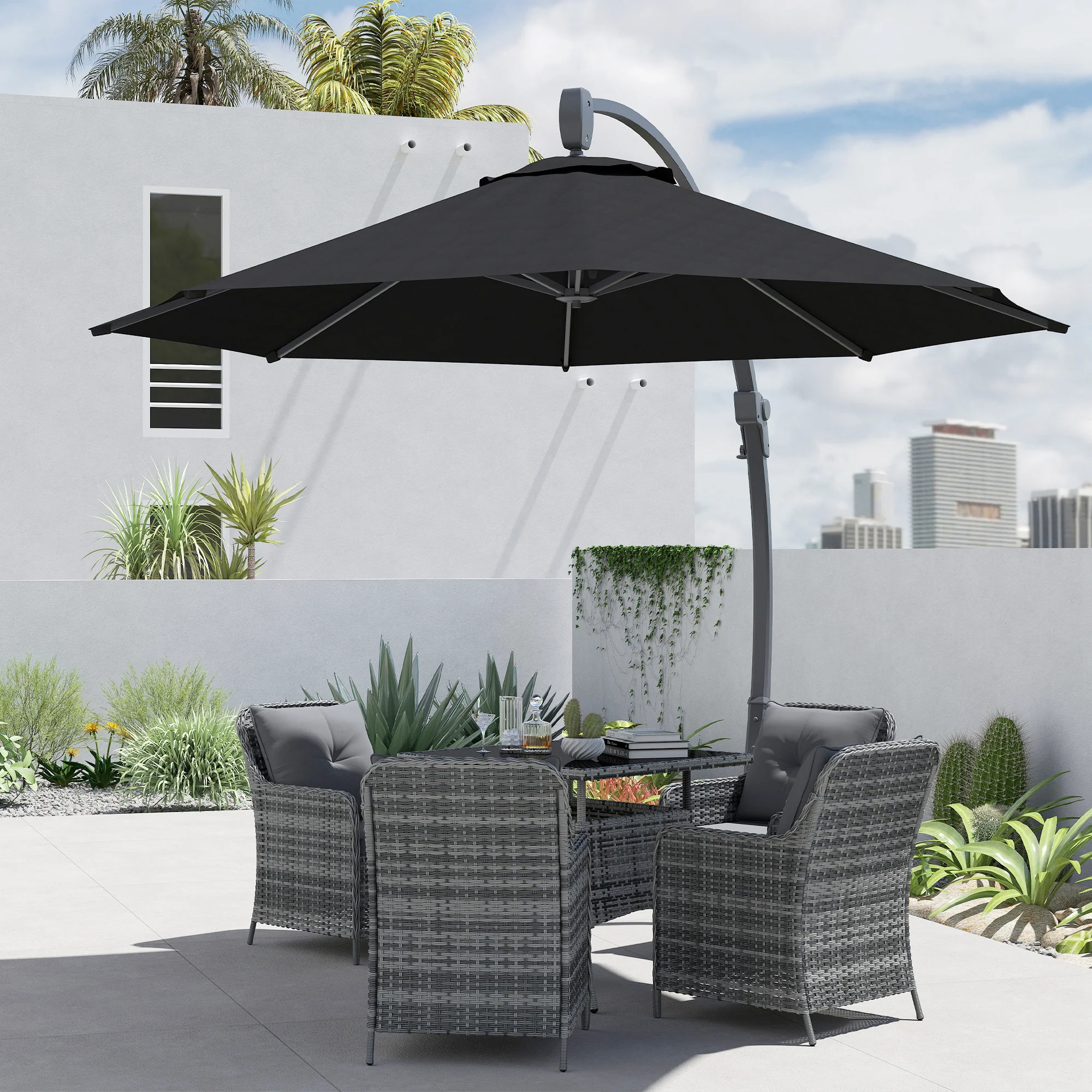 3m Cantilever Banana Parasol w/ Cross Base, Aluminium Frame & 360° Rotation, Black - Image 10