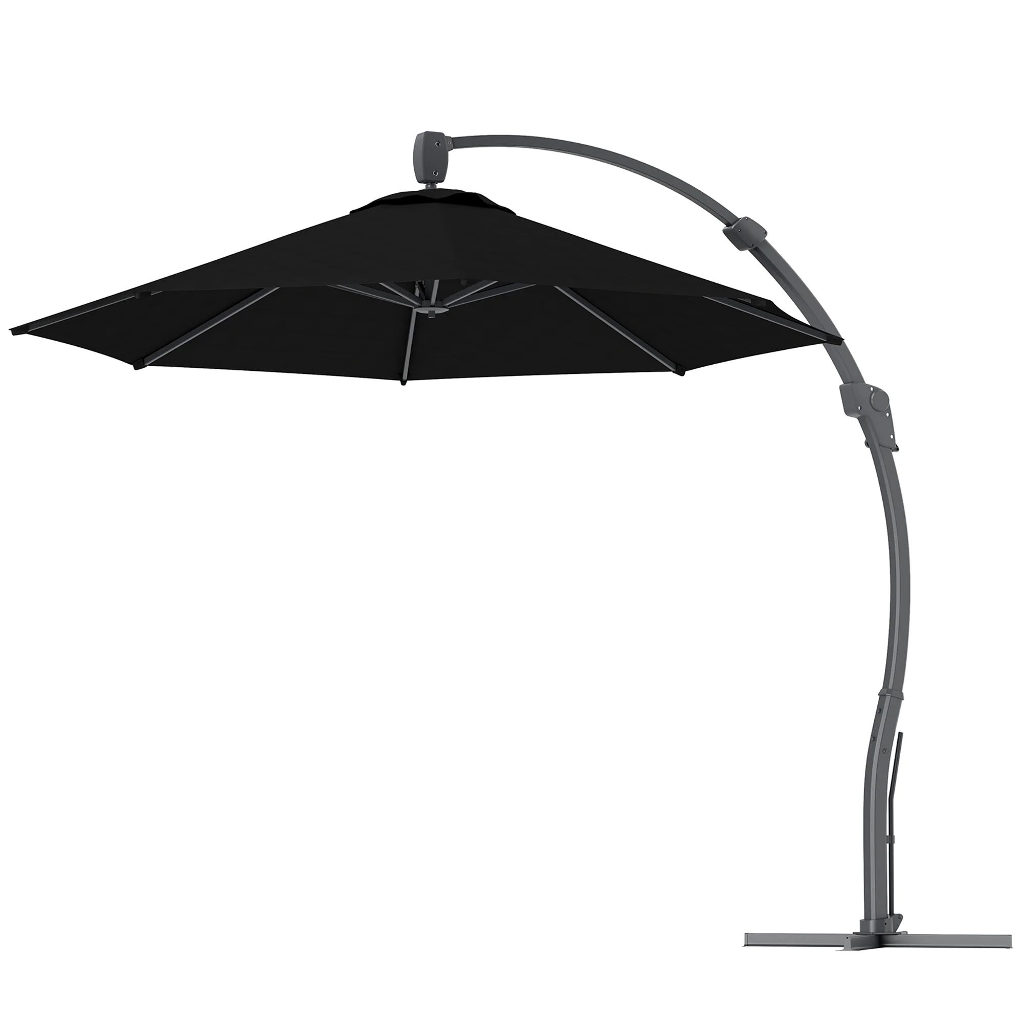 3m Cantilever Banana Parasol w/ Cross Base, Aluminium Frame & 360° Rotation, Black - Image 2