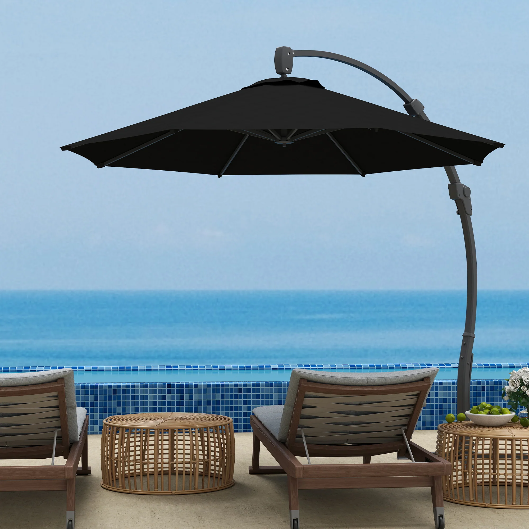 3m Cantilever Banana Parasol w/ Cross Base, Aluminium Frame & 360° Rotation, Black - Image 3