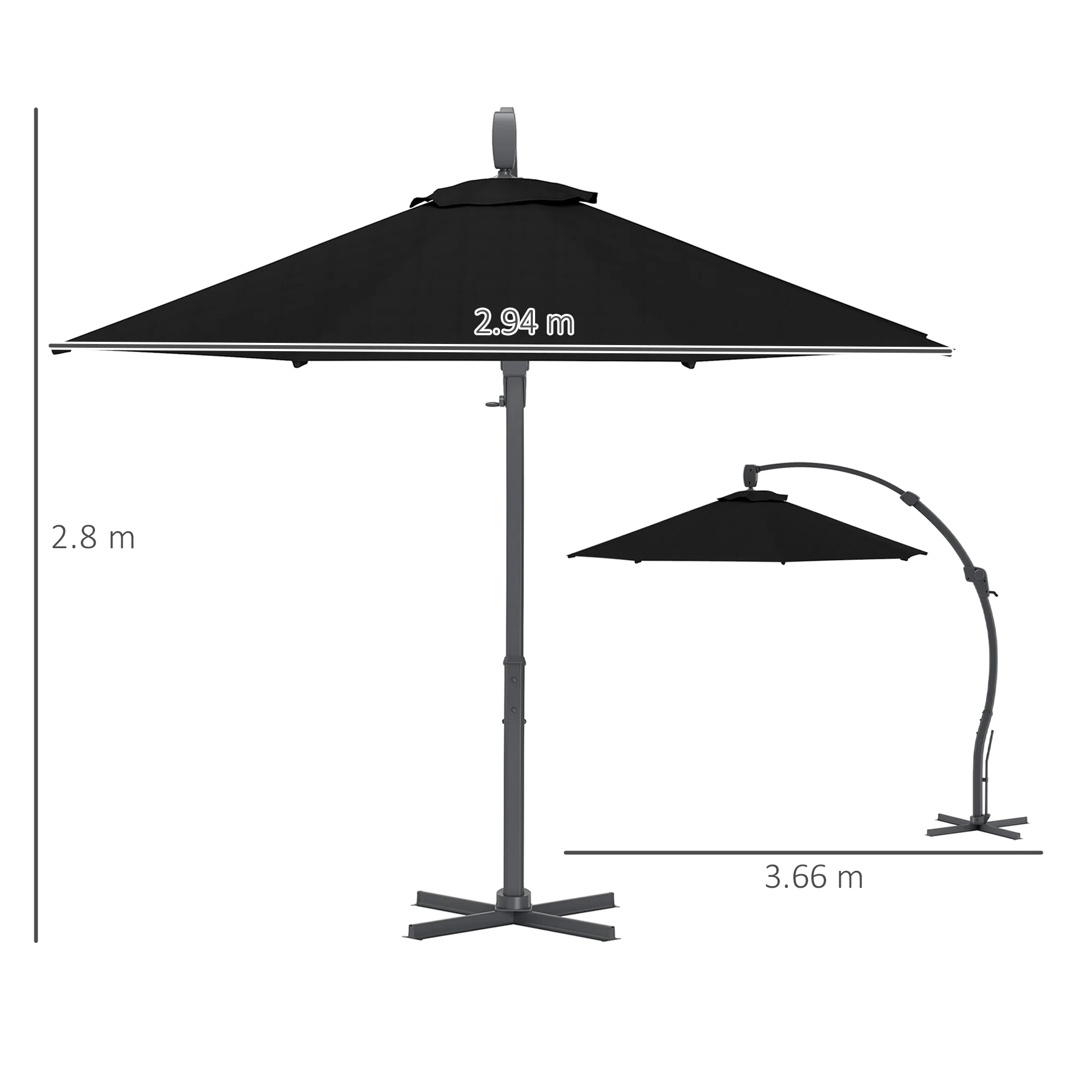 3m Cantilever Banana Parasol w/ Cross Base, Aluminium Frame & 360° Rotation, Black - Image 5