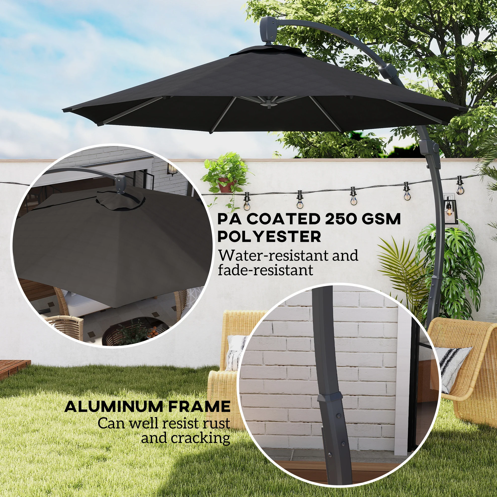 3m Cantilever Banana Parasol w/ Cross Base, Aluminium Frame & 360° Rotation, Black - Image 6