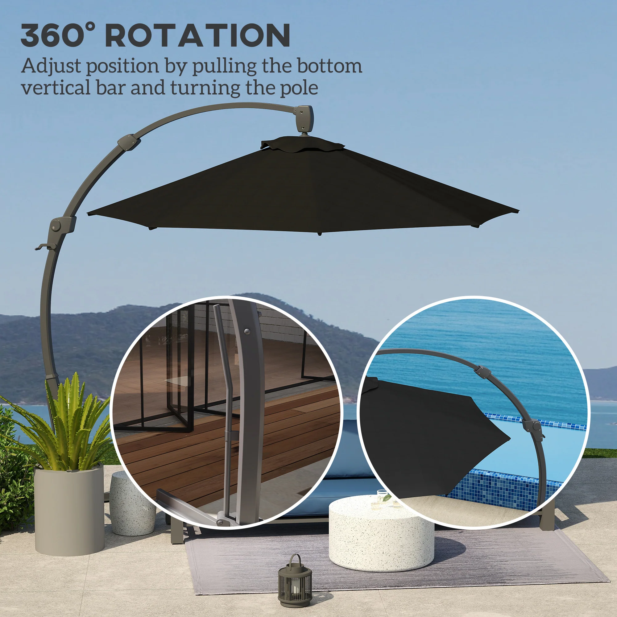 3m Cantilever Banana Parasol w/ Cross Base, Aluminium Frame & 360° Rotation, Black - Image 7