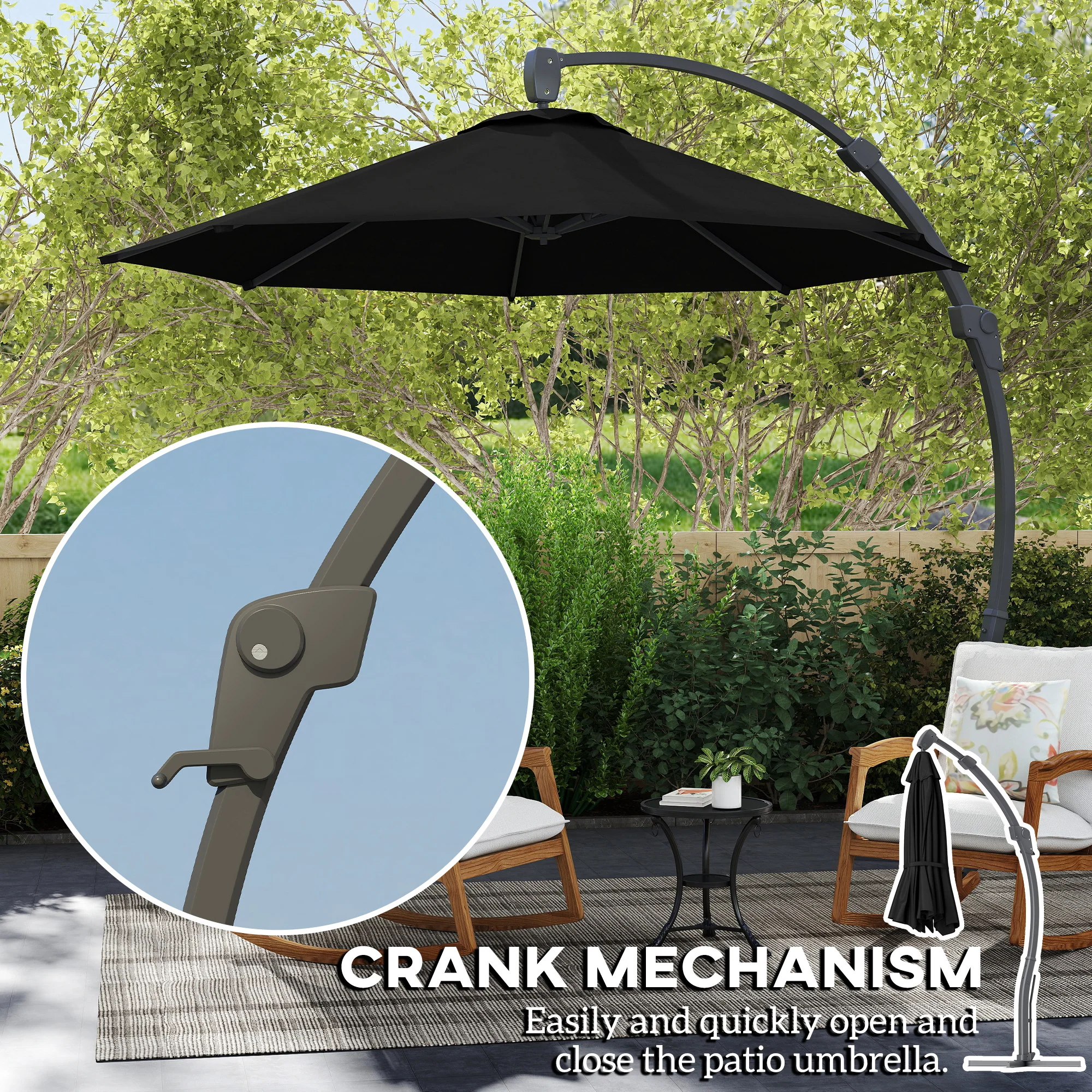 3m Cantilever Banana Parasol w/ Cross Base, Aluminium Frame & 360° Rotation, Black - Image 8
