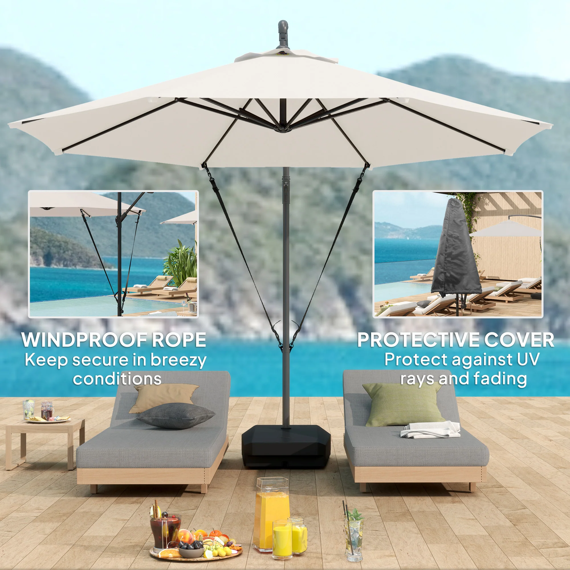 3m Cantilever Banana Parasol w/ Fillable Base, Wind Protection Strap, Cover, Cream - Image 7