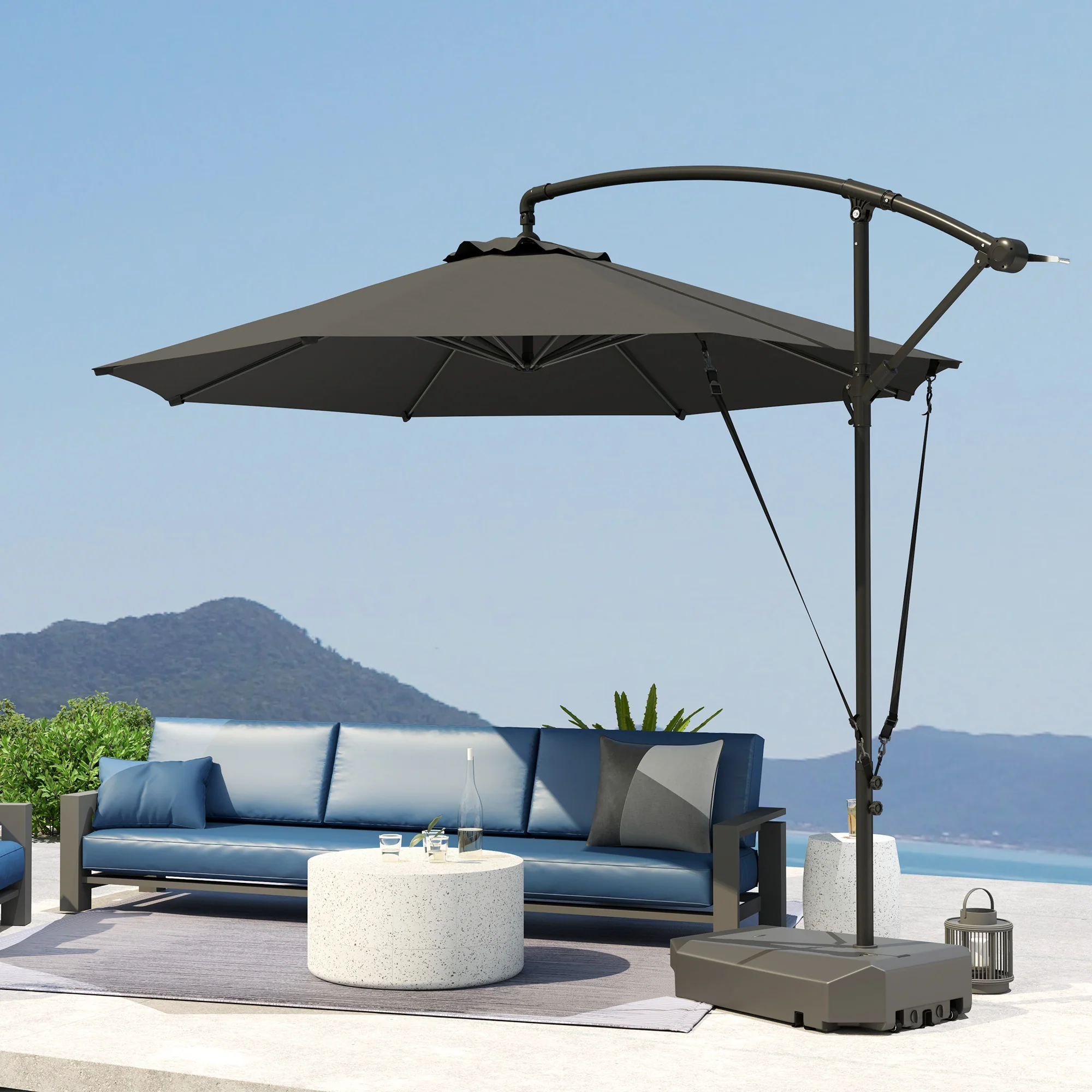 3m Cantilever Banana Parasol w/ Fillable Base, Wind Protection Strap, Cover, Grey - Image 4