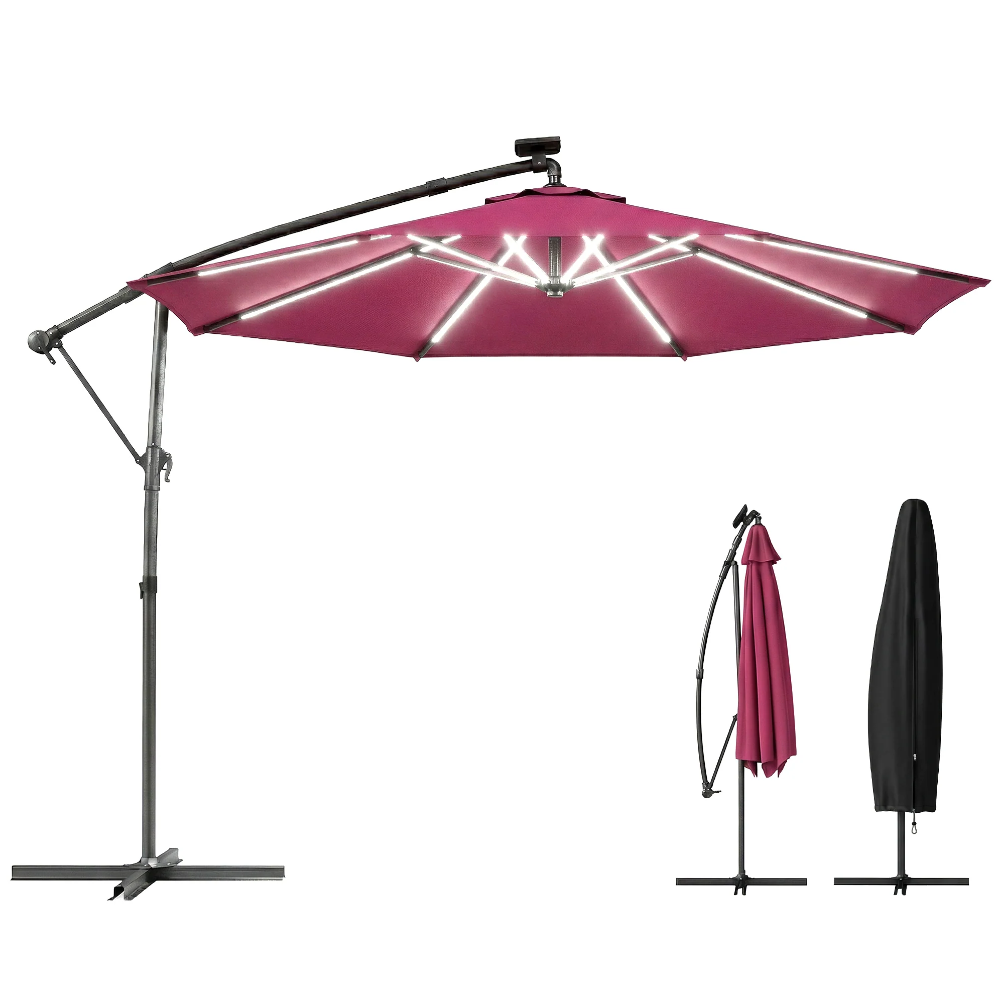 3 m Cantilever Parasol with Solar LED Light, Cover & 360° Rotation, Wine Red