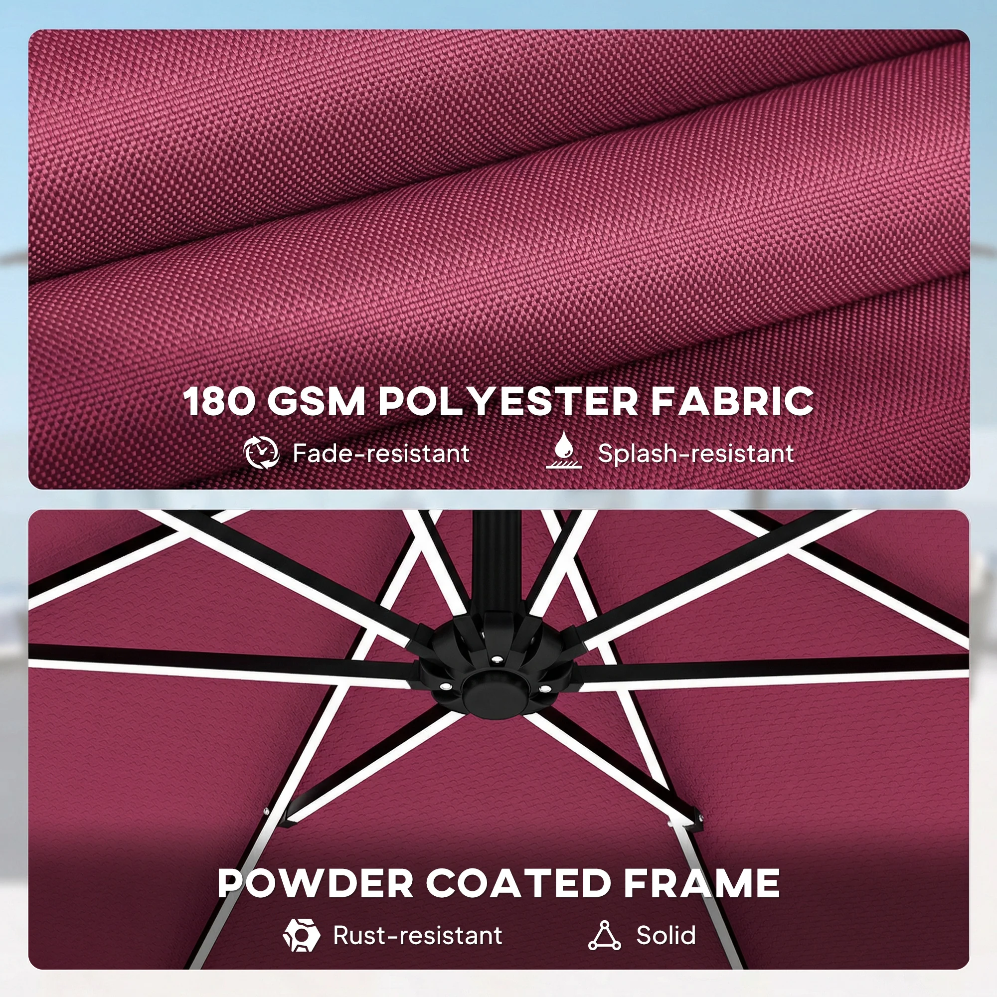 3 m Cantilever Parasol with Solar LED Light, Cover & 360° Rotation, Wine Red - Image 11