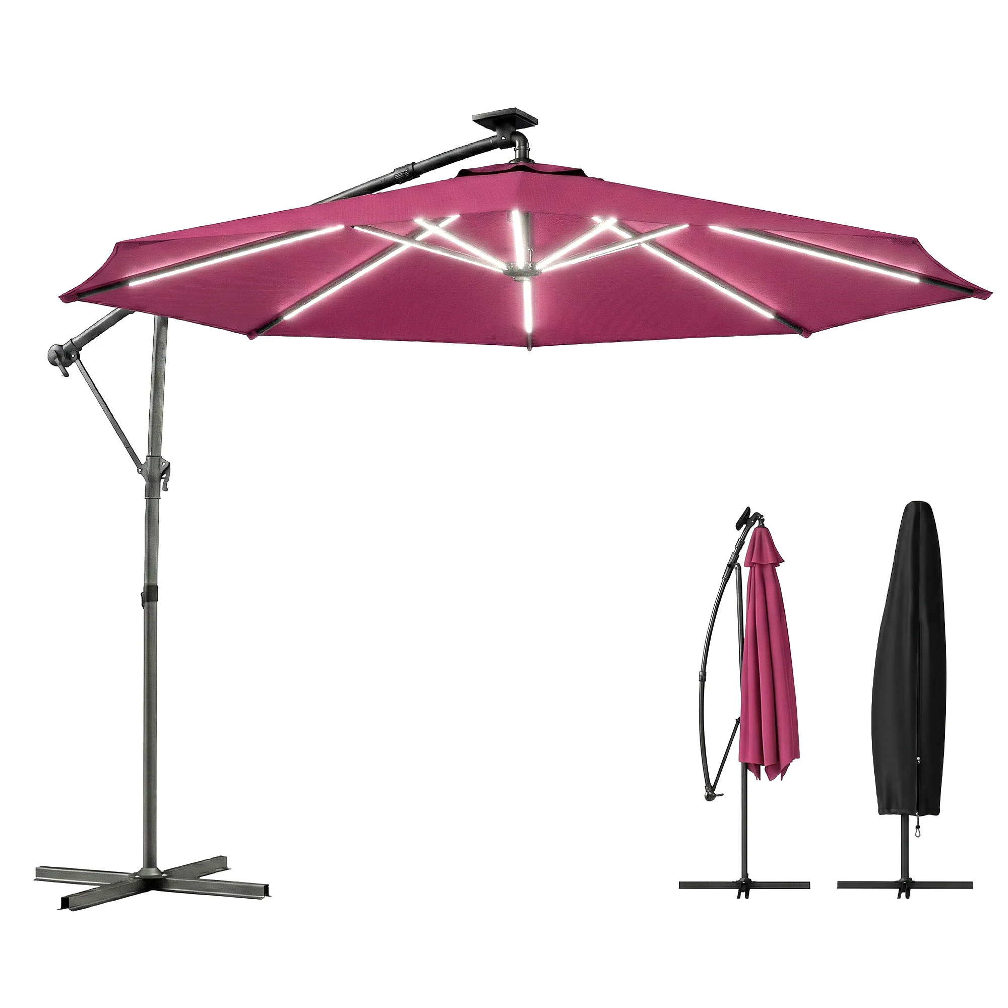 3 m Cantilever Parasol with Solar LED Light, Cover & 360° Rotation, Wine Red - Image 2